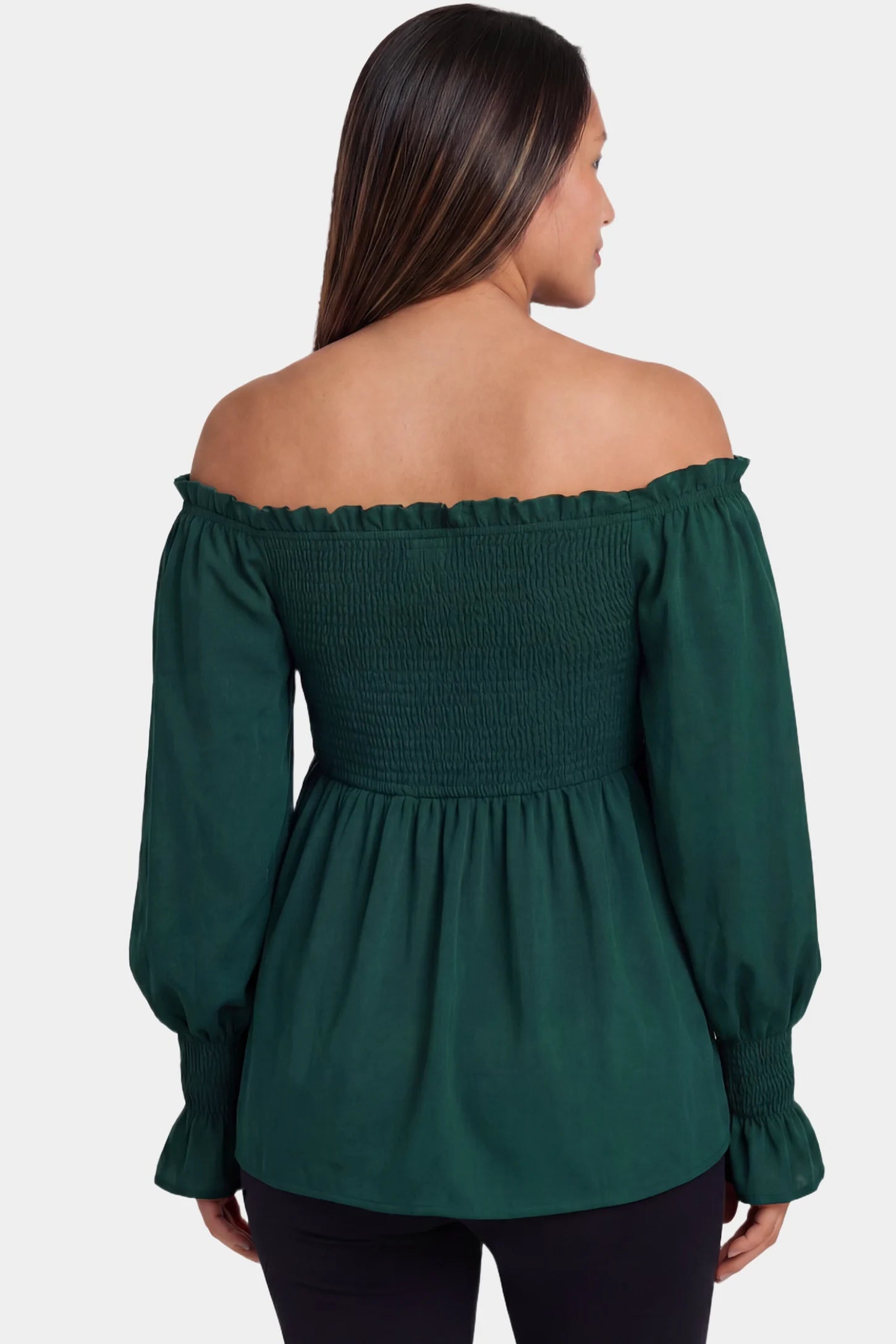 Smocked Lantern Sleeve Maternity Top Smocked lantern sleeve maternity top in emerald green featuring off shoulder neckline in a back view on a pregnant model