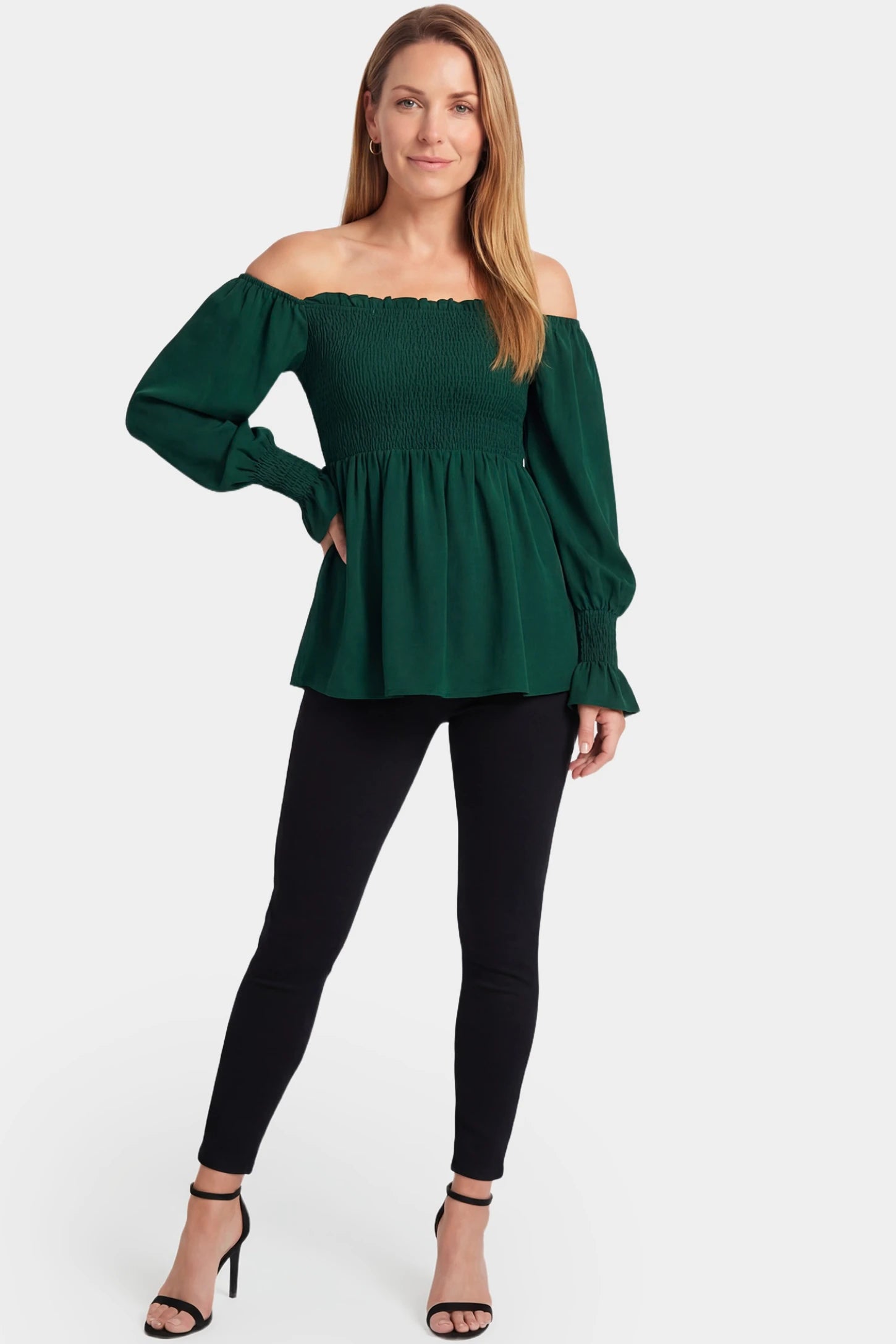 Smocked Lantern Sleeve Maternity Top Smocked lantern sleeve maternity top in emerald green featuring off shoulder neckline in full body view on a postpartum model