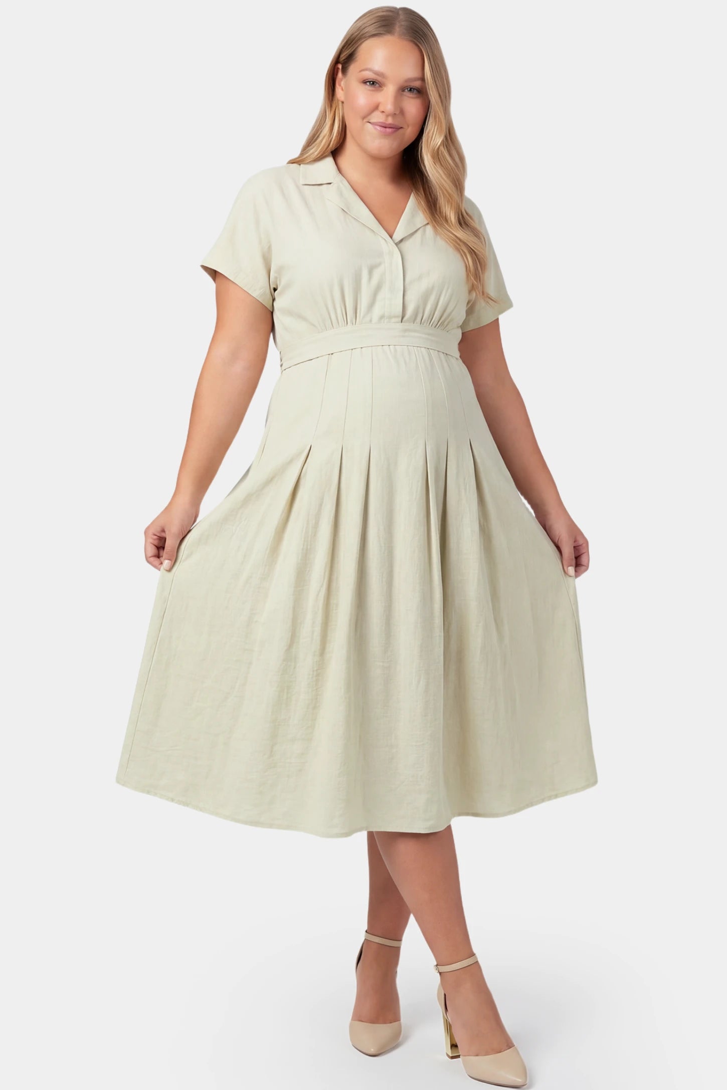 Lapel Collar Short Sleeve A-Line Midi Maternity Dress Lapel collar short sleeve A-line midi maternity dress in light green featuring high waisted silhouette in full body front view on a plus-size model