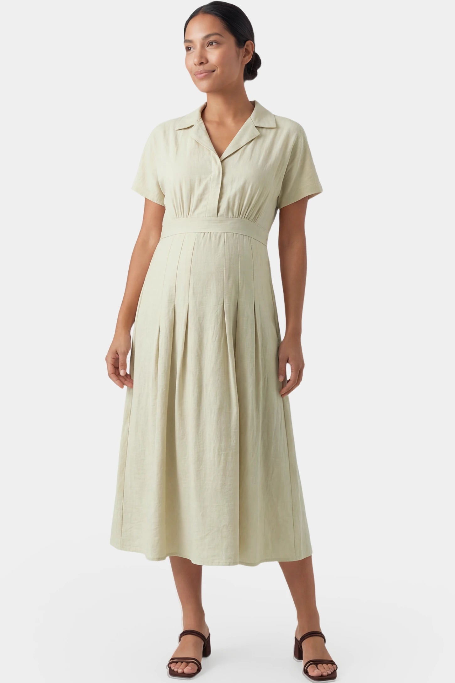 Lapel Collar Short Sleeve A-Line Midi Maternity Dress Lapel collar short sleeve A-line midi maternity dress in light green featuring high waisted silhouette in full body front view on a postpartum model