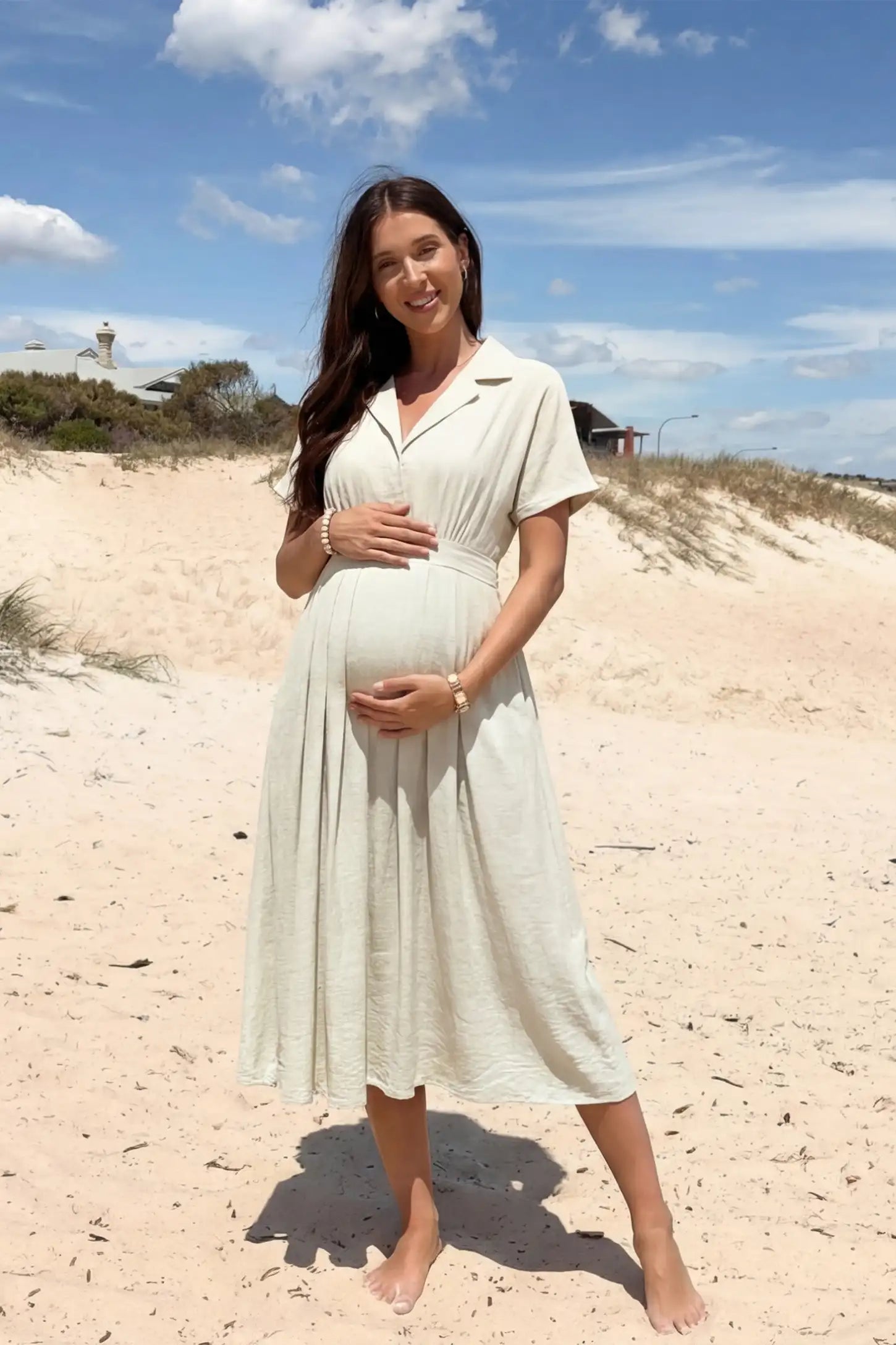Lapel Collar Short Sleeve A-Line Midi Maternity Dress Lapel collar short sleeve A-line midi maternity dress in light green featuring high waisted silhouette in full body front view on a editorial lifestyle model
