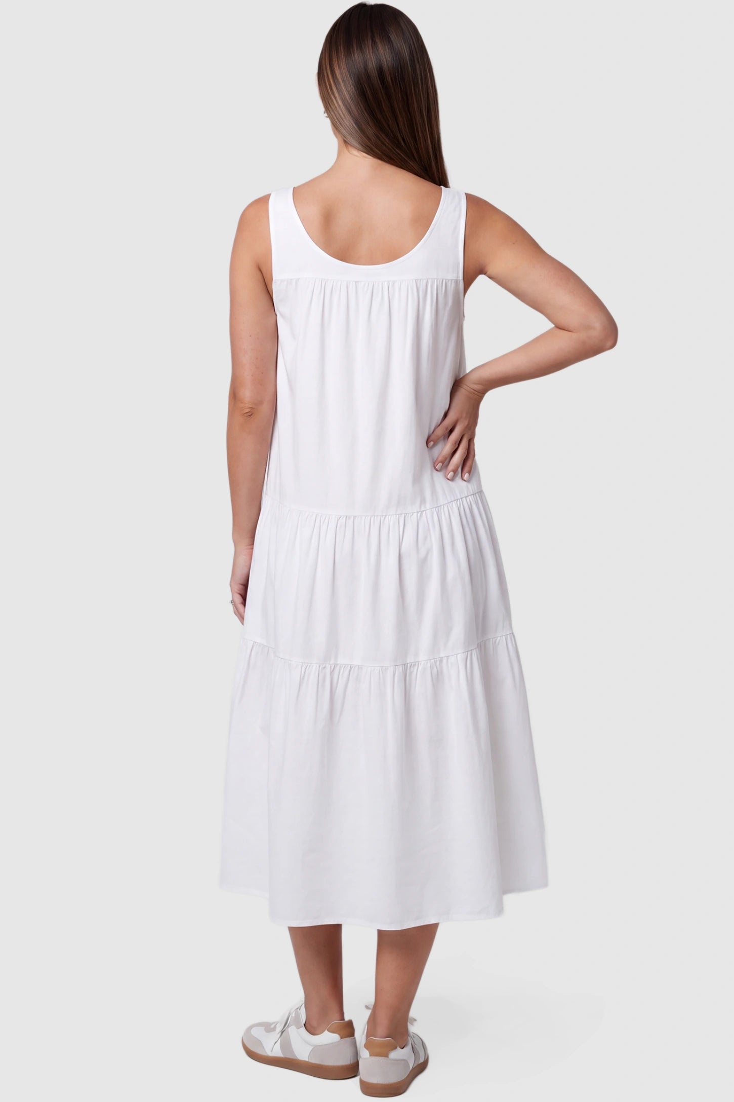 Layered Skirt A-Line Maternity Midi Dress Layered skirt A-line maternity midi dress in white with sleeveless design, back view on pregnant model