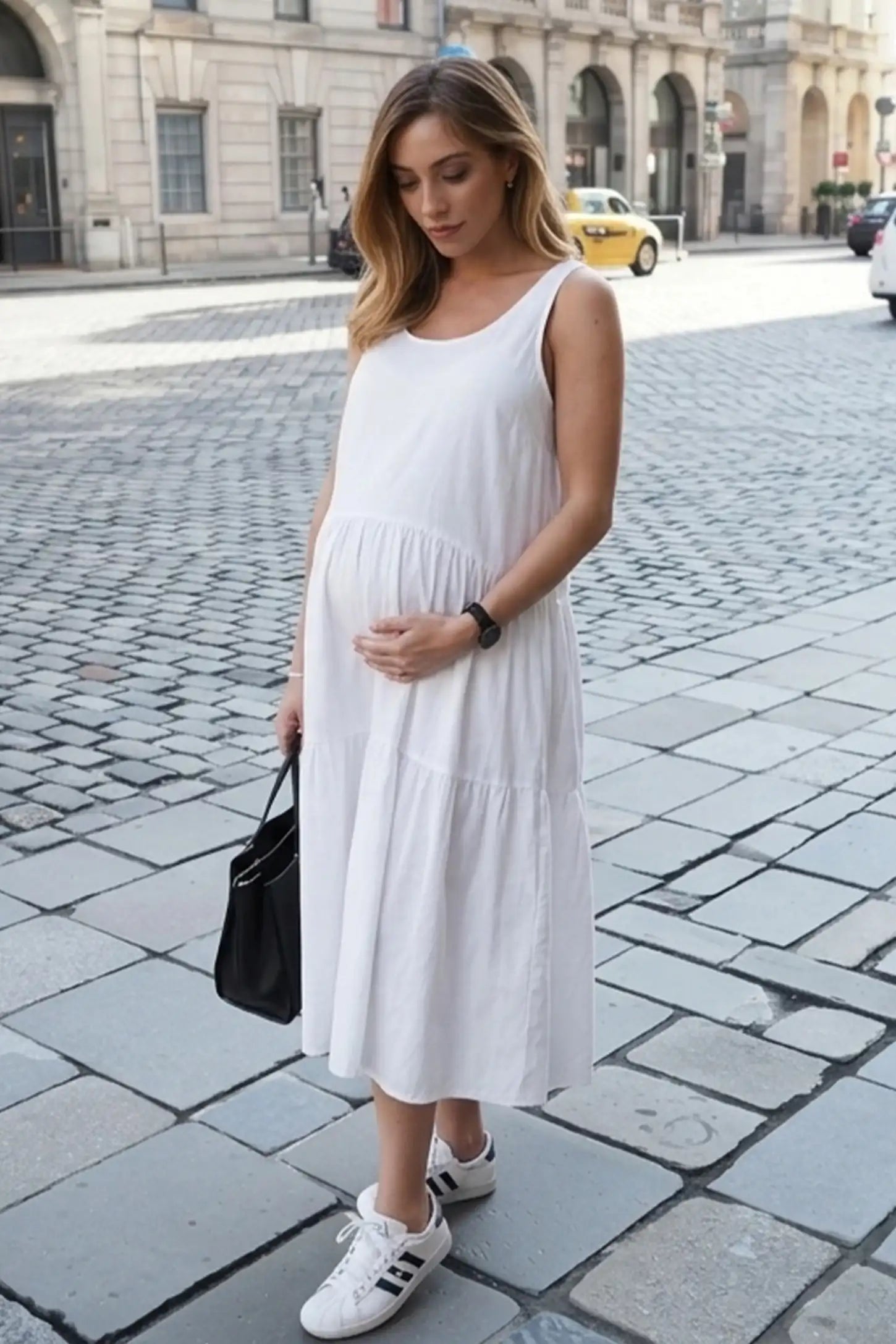 Layered skirt A-line maternity midi dress in white with sleeveless design, front view on pregnant model