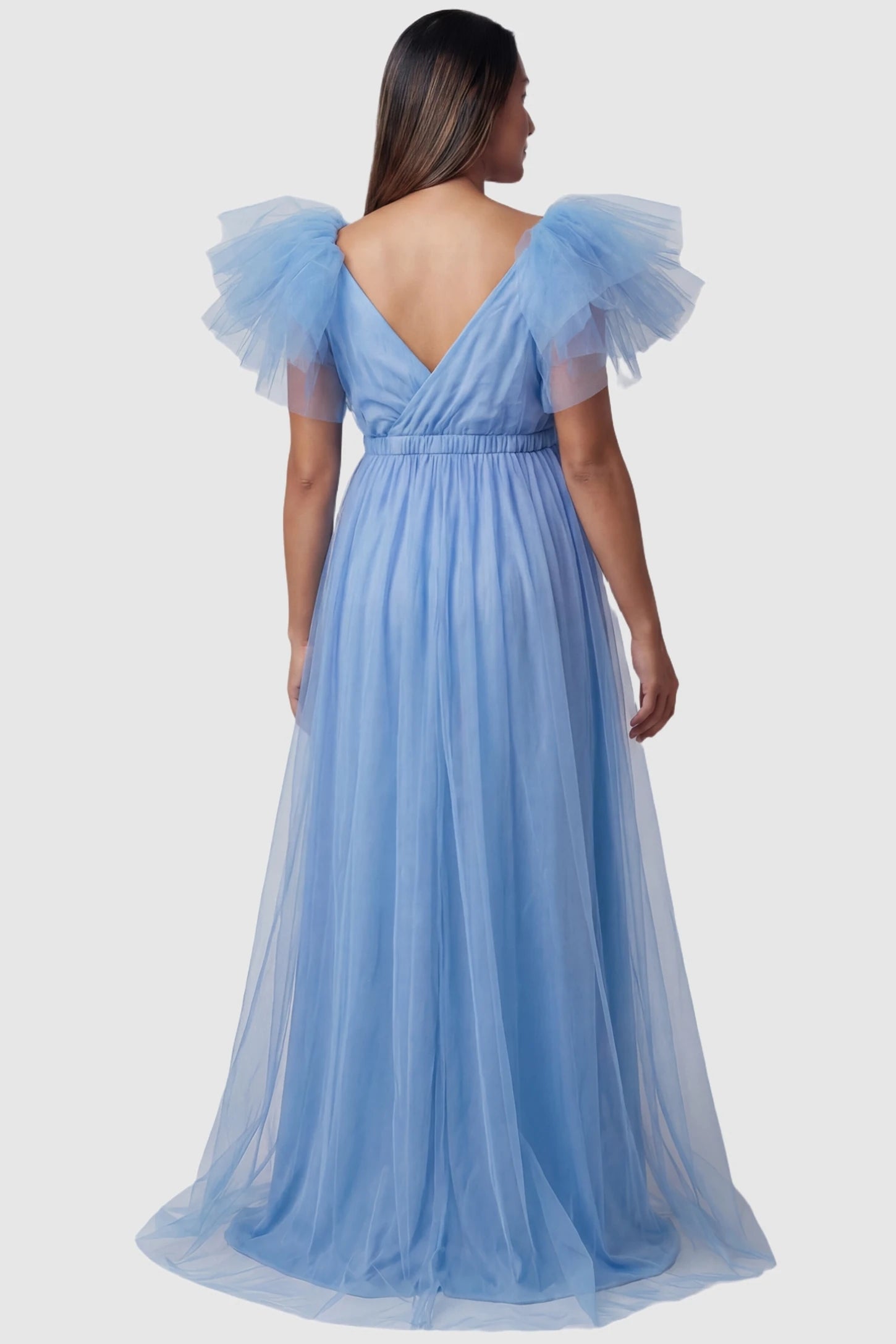 Layered Tulle Ruffle Sleeve Maternity Photoshoot Dress in Sky Blue featuring a deep V-back on a pregnant model.