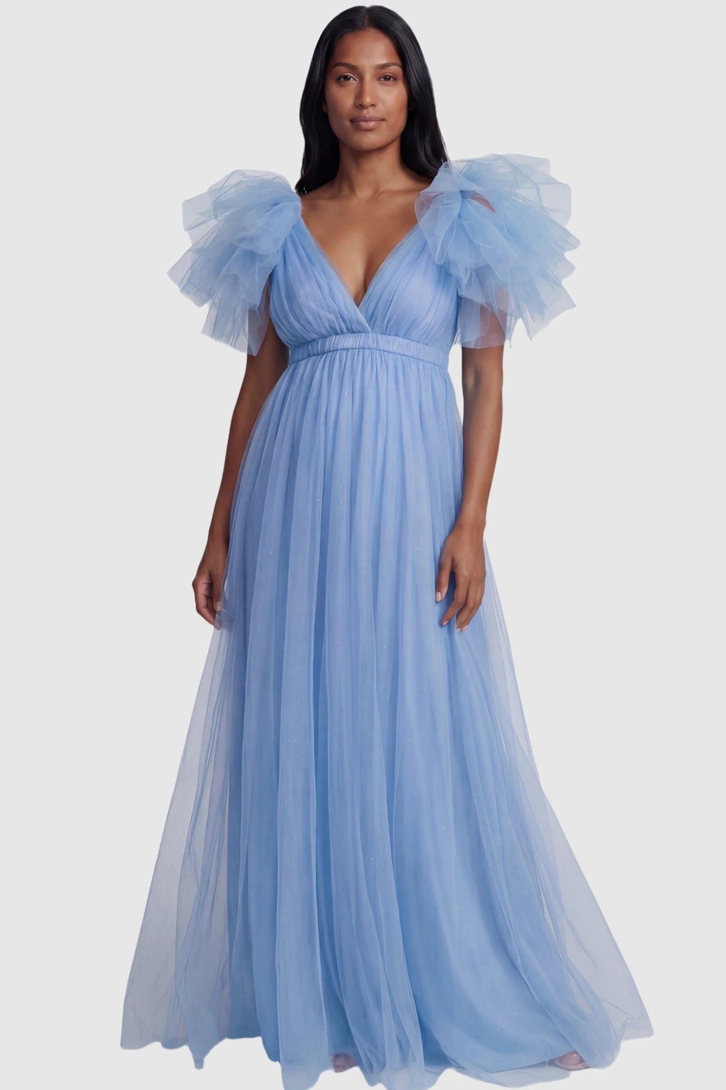 Layered Tulle Ruffle Sleeve Maternity Photoshoot Dress Layered Tulle Ruffle Sleeve Maternity Photoshoot Dress in Sky Blue featuring tiered ruffles on a non-pregnant model.