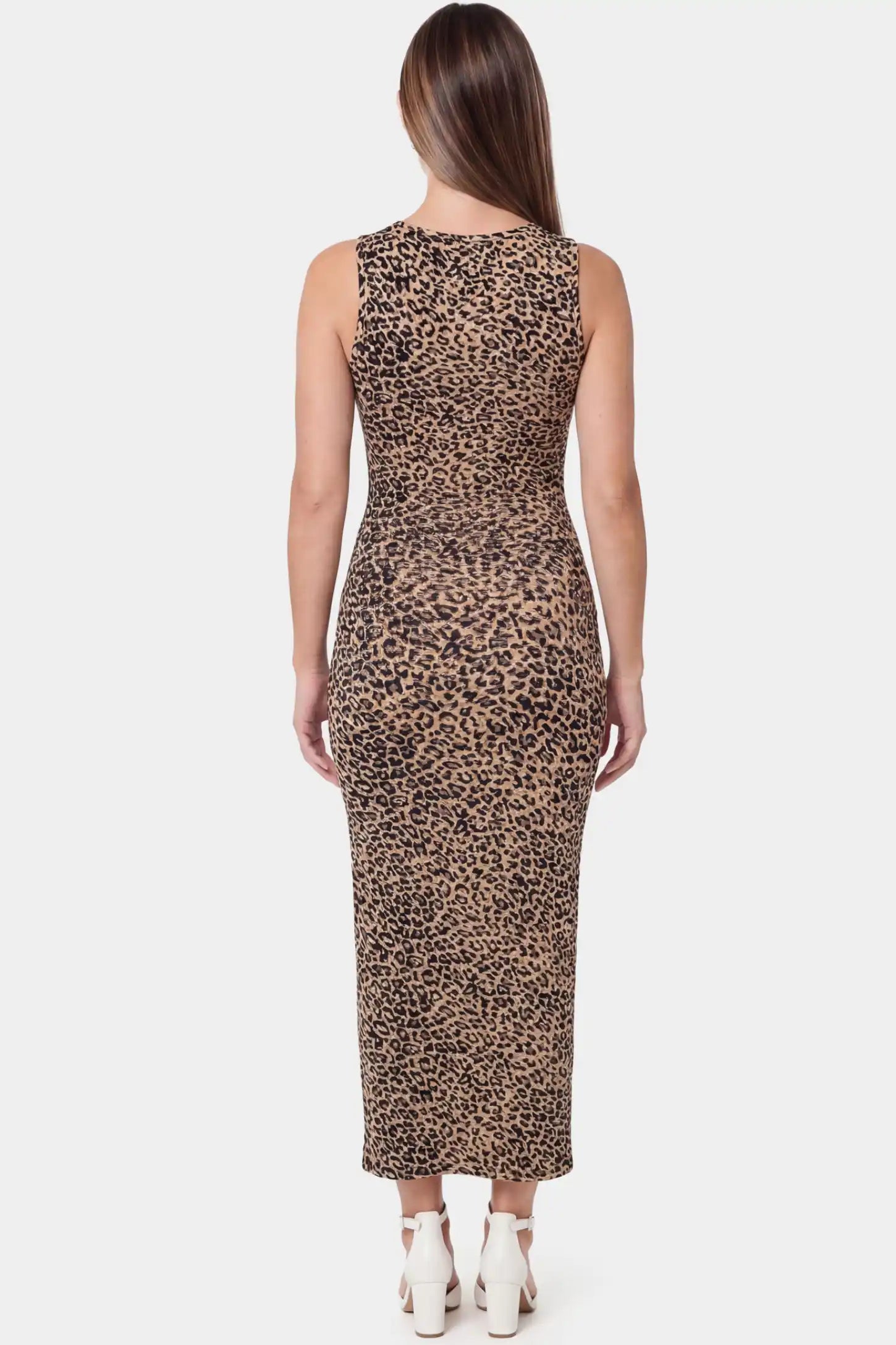 Leopard Print Sleeveless Bodycon Maxi Maternity Dress Leopard print sleeveless bodycon maxi maternity dress in dark colorways featuring sleeveless cut in back view on a pregnant model