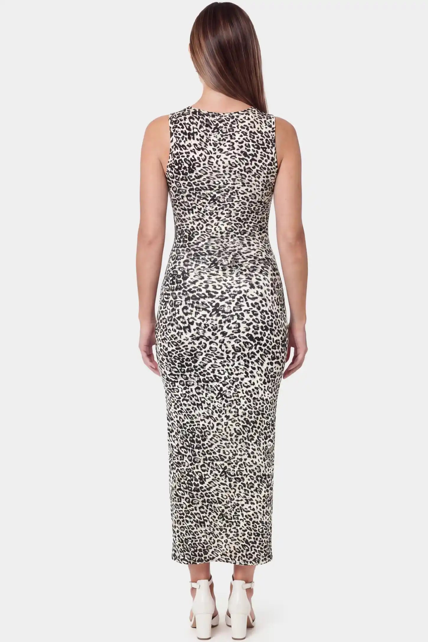 Leopard Print Sleeveless Bodycon Maxi Maternity Dress Leopard print sleeveless bodycon maxi maternity dress in light colorways featuring sleeveless cut in back view on a pregnant model