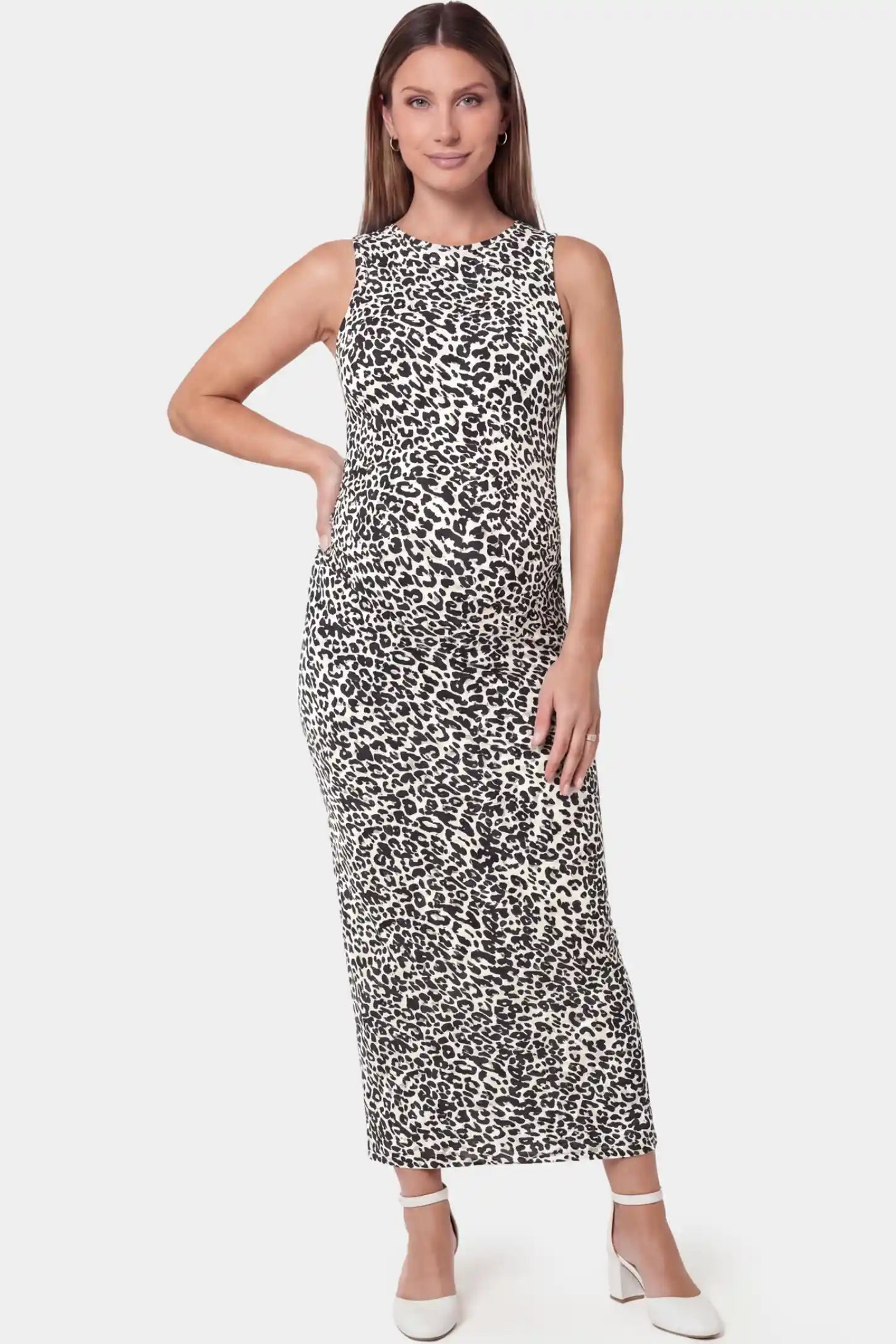 Leopard Print Sleeveless Bodycon Maxi Maternity Dress Leopard print sleeveless bodycon maxi maternity dress in light colorways featuring bold animal print in front view on a pregnant model