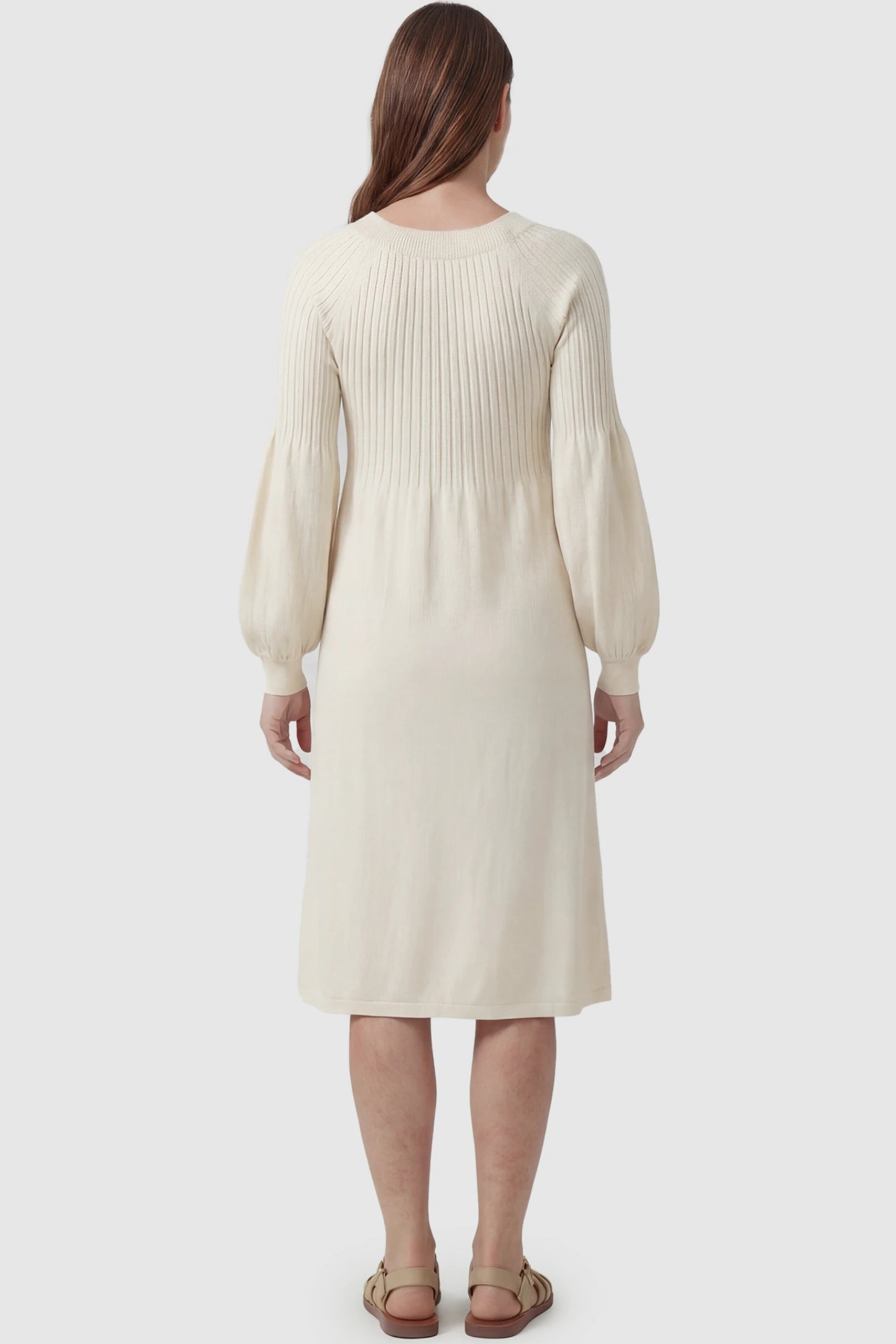 Notched Neck Long Sleeve Maternity Midi Dress Sweetheart neck long sleeve maternity midi dress in apricot with elegant long sleeves, back view on pregnant model
