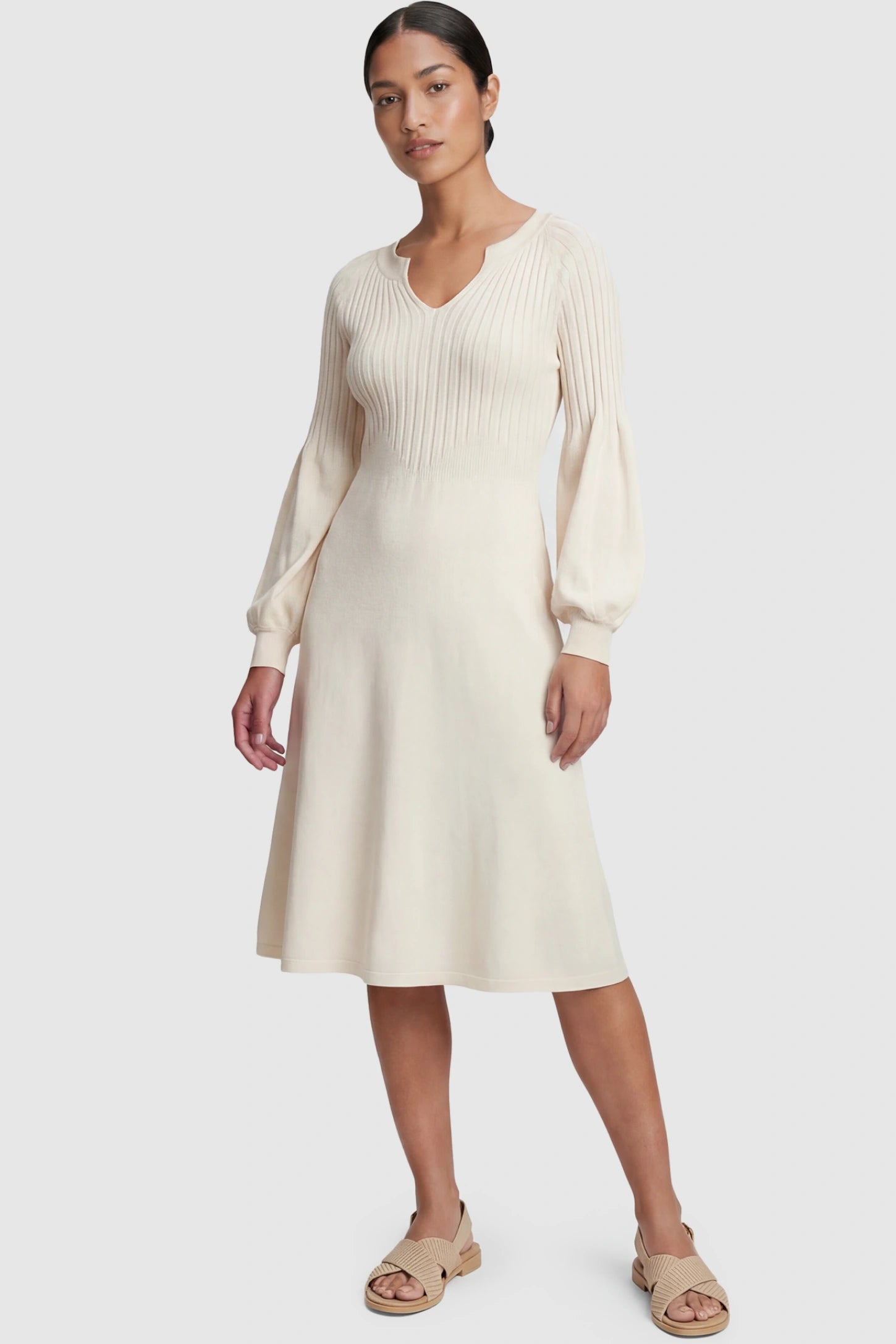 Notched Neck Long Sleeve Maternity Midi Dress Sweetheart neck long sleeve maternity midi dress in apricot with elegant long sleeves, front view on postpartum model