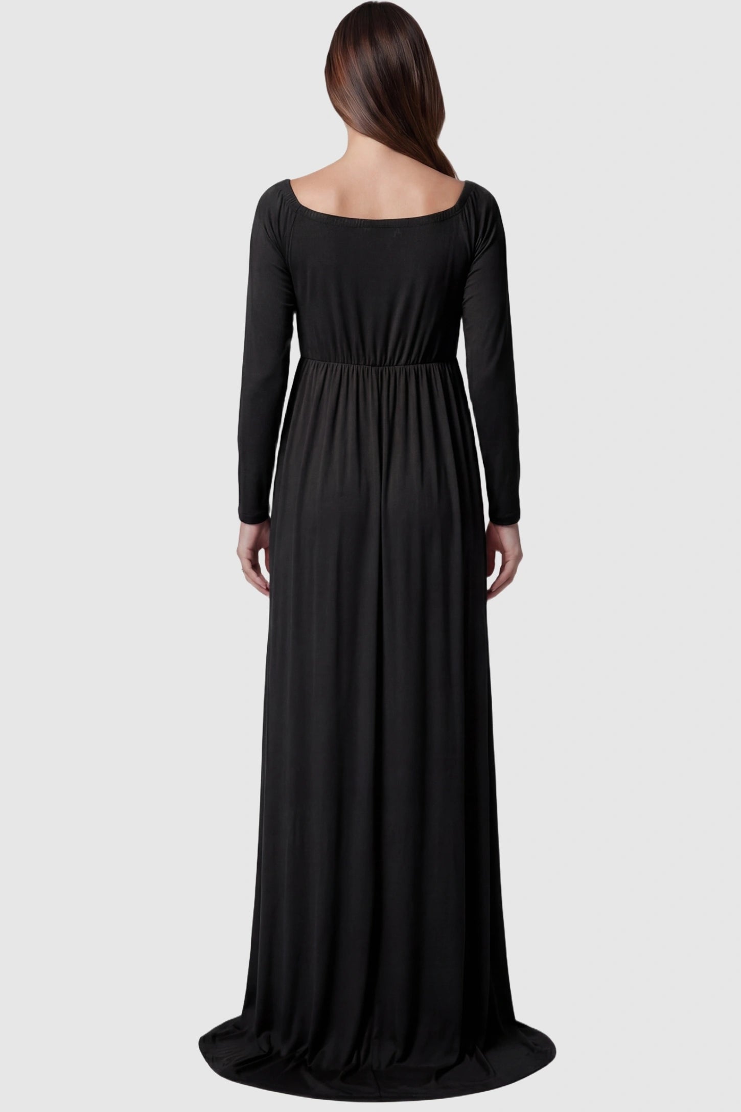 Off-Shoulder Long Sleeve Trailing Maxi Maternity Dress Off-shoulder long sleeve trailing maxi maternity dress in black featuring flowing extended train in back view on a pregnant model