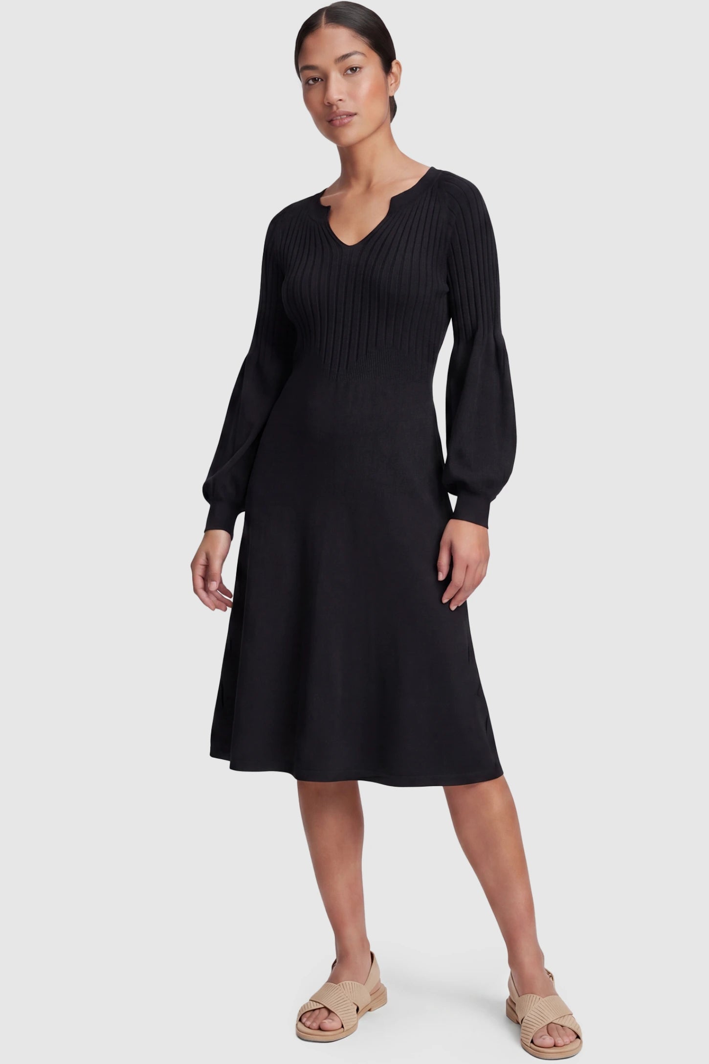 Notched Neck Long Sleeve Maternity Midi Dress Sweetheart neck long sleeve maternity midi dress in black with elegant long sleeves, front view on postpartum model