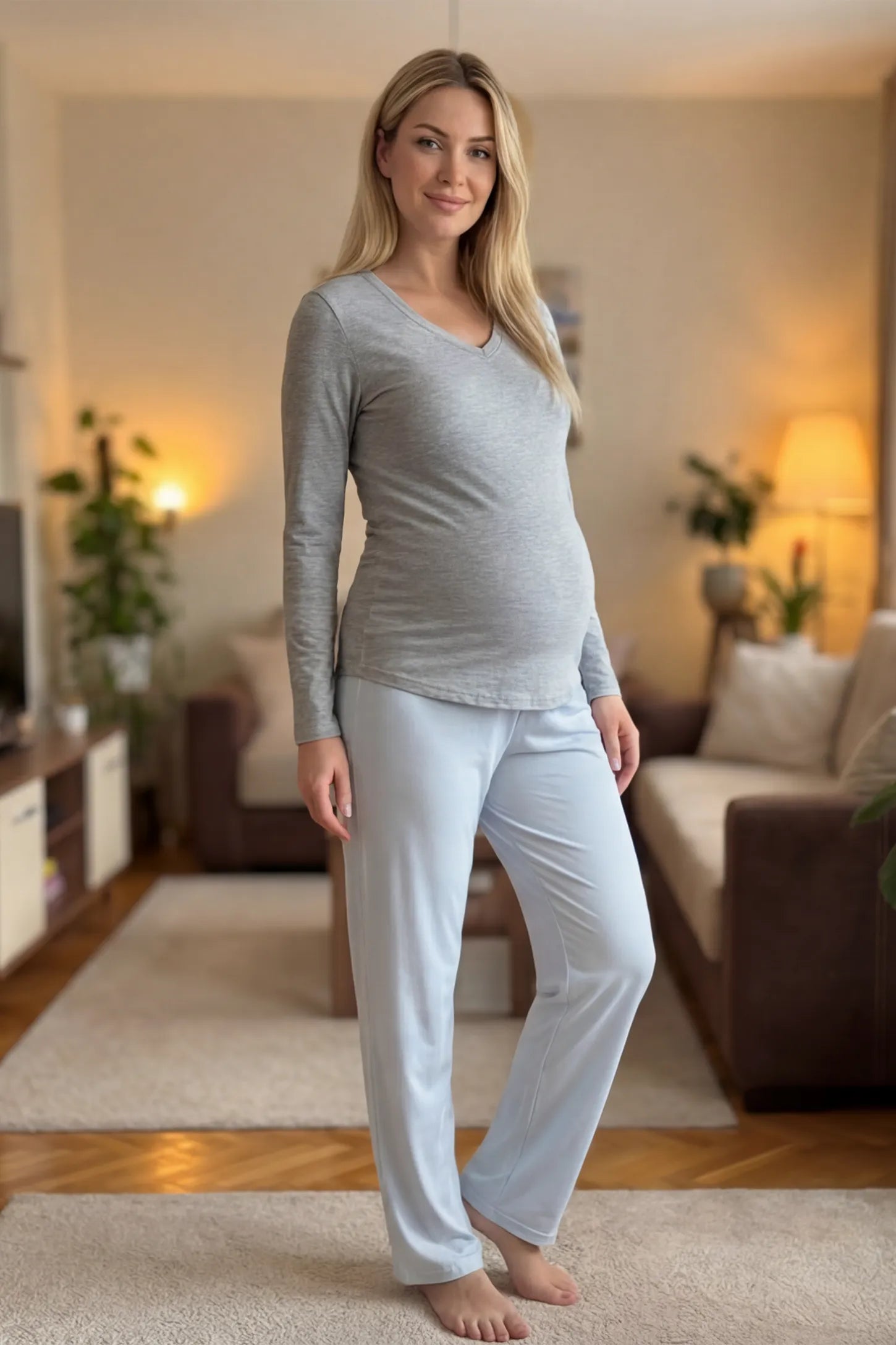 Soft Knit Long Sleeve V-Neck Maternity Top Soft knit long sleeve V-neck maternity top in gray with flattering V-neckline and long sleeves, front view on pregnant model
