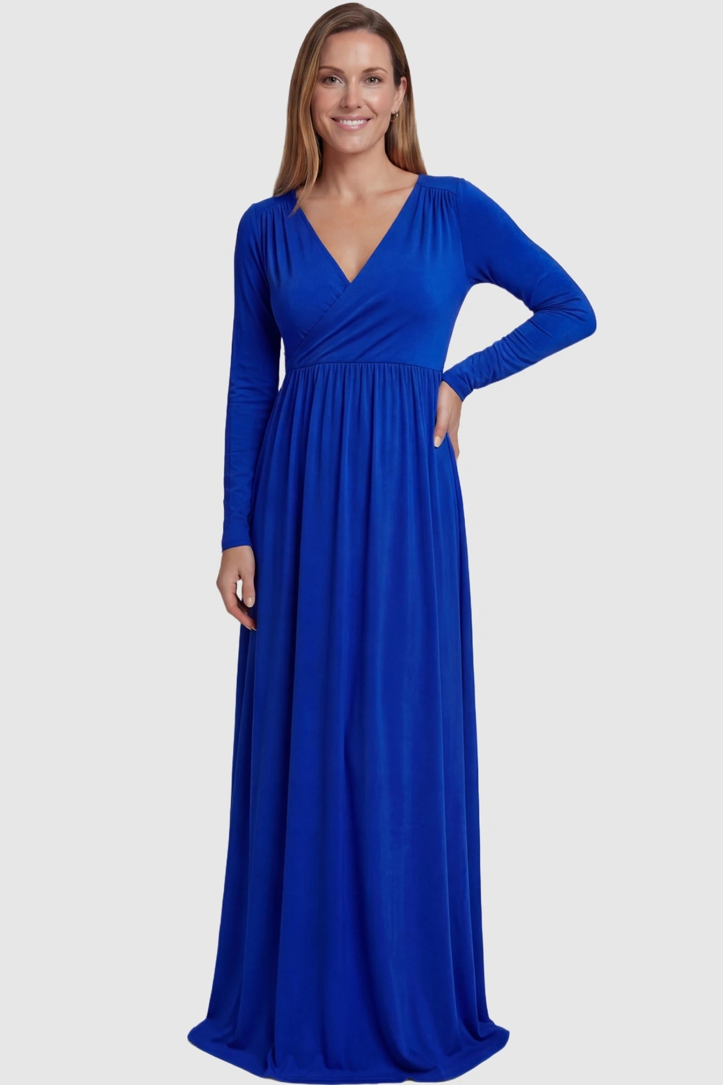Off-Shoulder Long Sleeve Trailing Maxi Maternity Dress Off-shoulder long sleeve trailing maxi maternity dress in light blue featuring dramatic full train and elegant long sleeves in full body view on a postpartum model