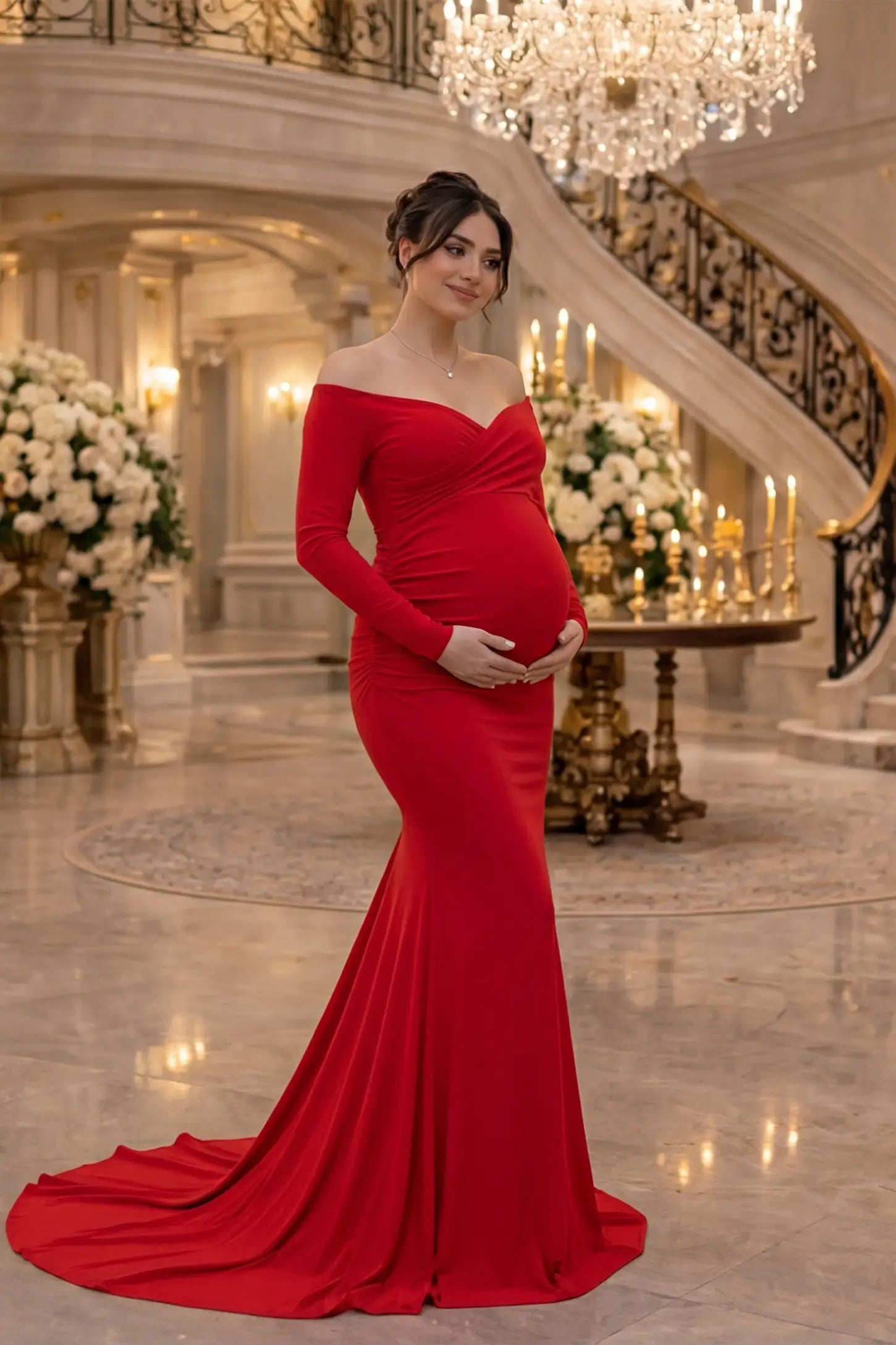 Off-shoulder long sleeve trailing maxi maternity dress in red with glamorous styling, editorial lifestyle model