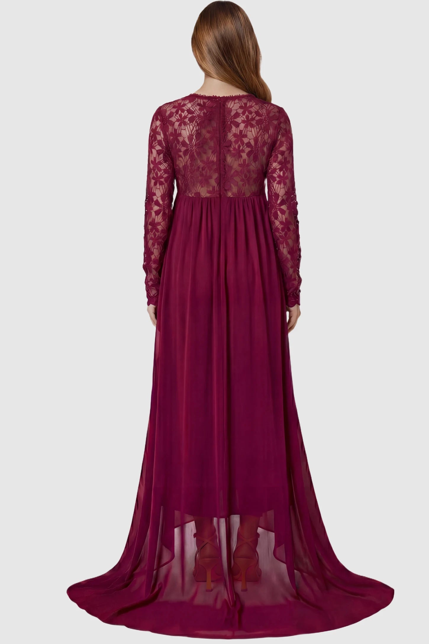 Lace Long Sleeve Full Skirt Maxi Maternity Dress Lace long sleeve full skirt maxi maternity dress in burgundy with elegant long sleeves & lace bodice, back view on pregnant model
