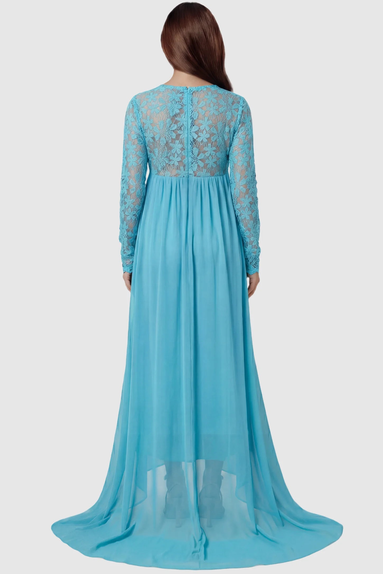 Lace Long Sleeve Full Skirt Maxi Maternity Dress Lace long sleeve full skirt maxi maternity dress in light blue with elegant long sleeves & lace bodice, back view on pregnant model