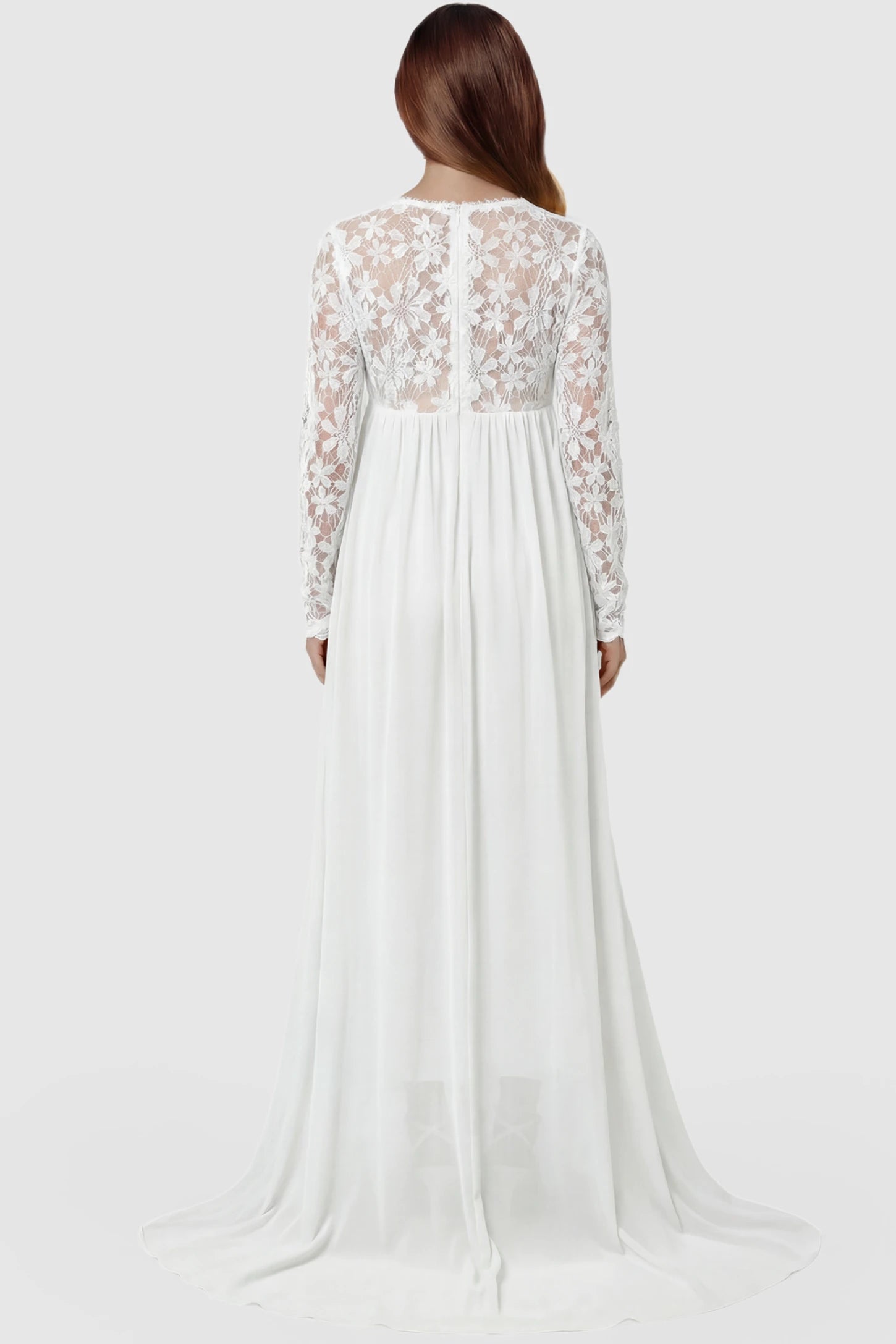Lace Long Sleeve Full Skirt Maxi Maternity Dress Lace long sleeve full skirt maxi maternity dress in white with elegant long sleeves & lace bodice, back view on pregnant model