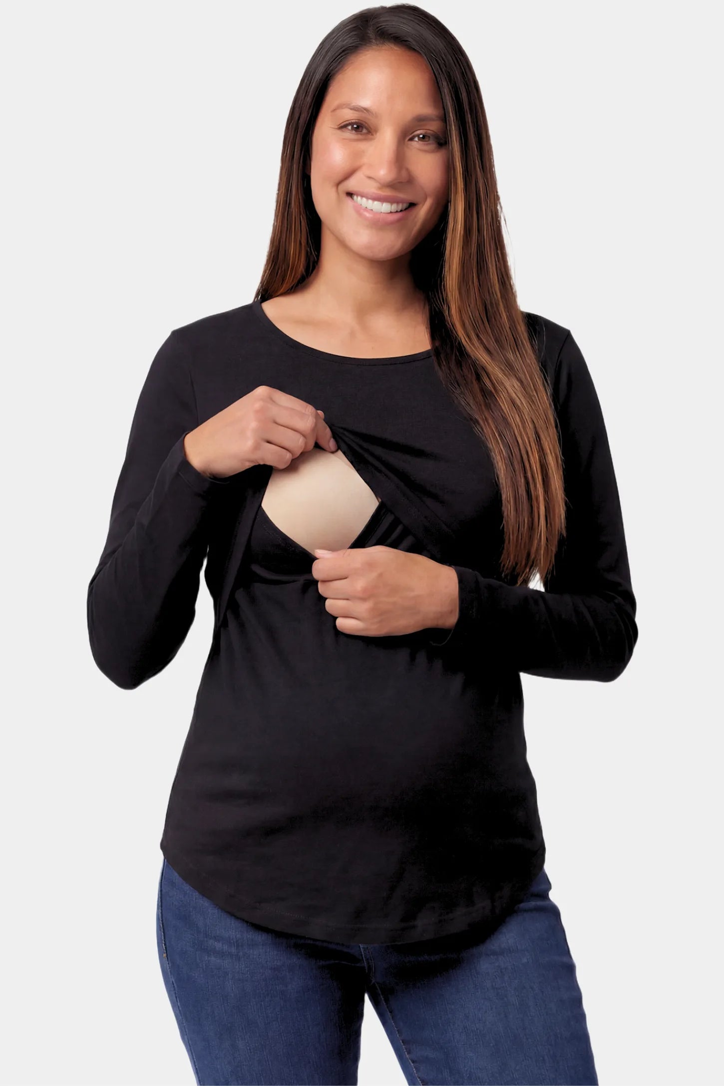 Basic Long Sleeve Maternity & Nursing Top Basic Long Sleeve Maternity & Nursing Top in black featuring a relaxed crew neck and nursing-friendly design on a pregnant model.