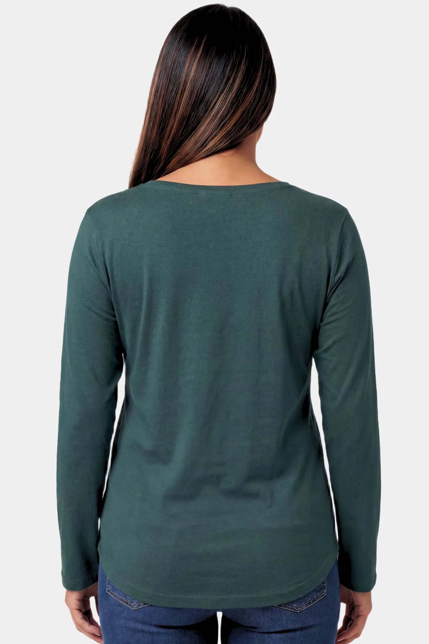 Basic Long Sleeve Maternity & Nursing Top Basic Long Sleeve Maternity & Nursing Top in green featuring a relaxed crew neck and nursing-friendly design on a pregnant model.