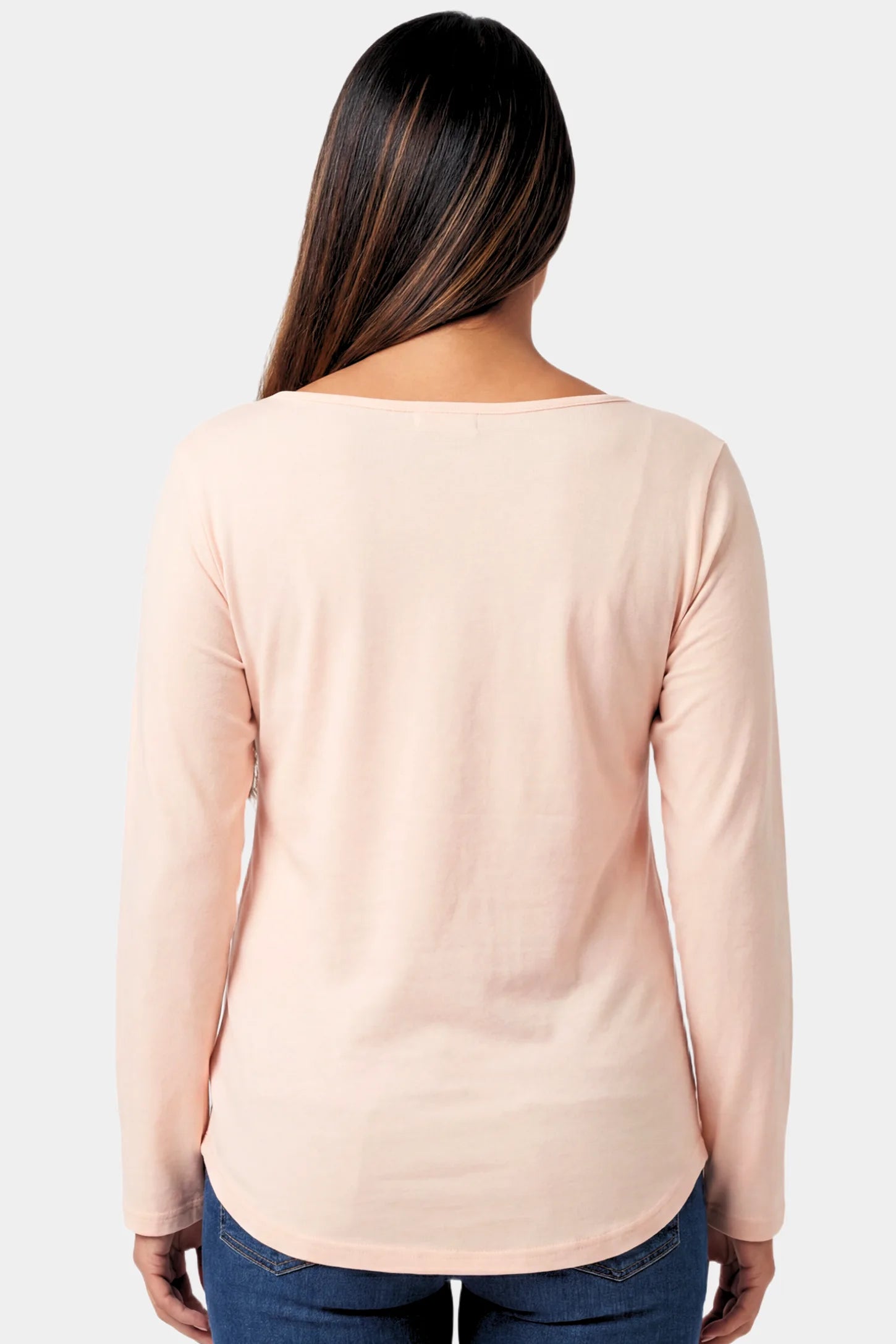 Basic Long Sleeve Maternity & Nursing Top Basic Long Sleeve Maternity & Nursing Top in pink featuring a relaxed crew neck and nursing-friendly design on a pregnant model.