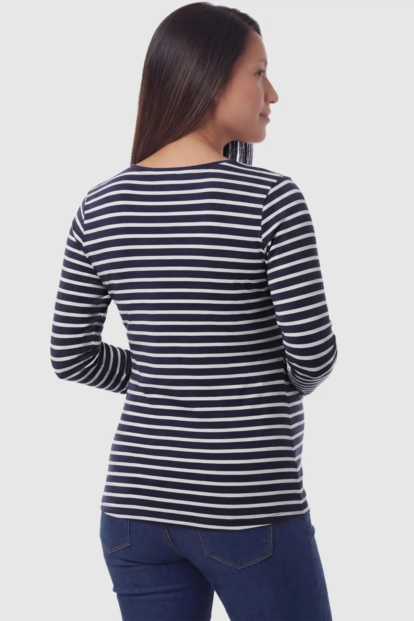 Pull-Up Nursing Opening Scoop Neck Maternity & Nursing Top Pull up nursing opening scoop neck maternity and nursing top in black and white stripes featuring striped print & long-sleeve shown in back view on a pregnant model