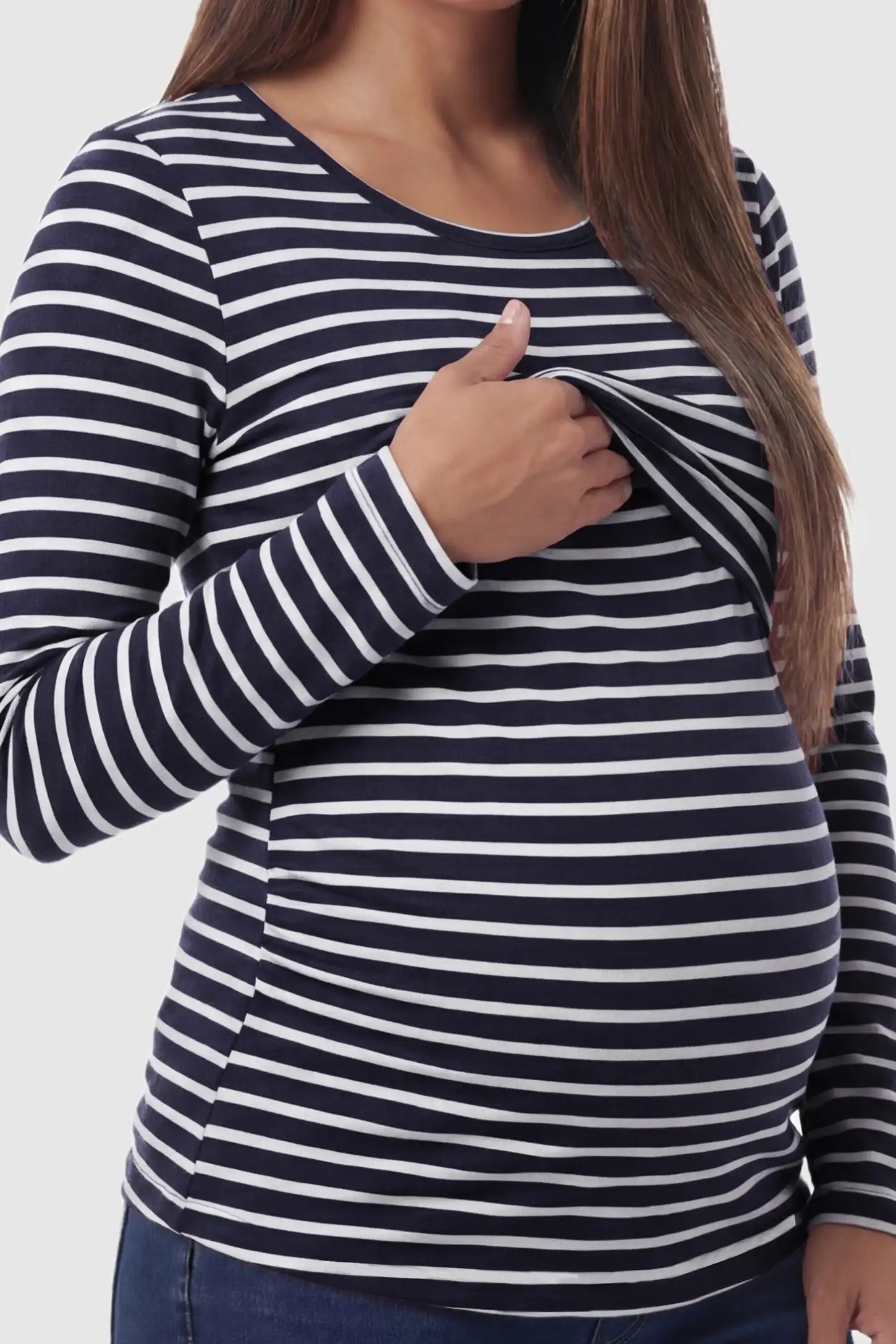 Pull-Up Nursing Opening Scoop Neck Maternity & Nursing Top Pull up nursing opening scoop neck maternity and nursing top in black and white stripes featuring discreet breastfeeding access shown in front view on a pregnant model