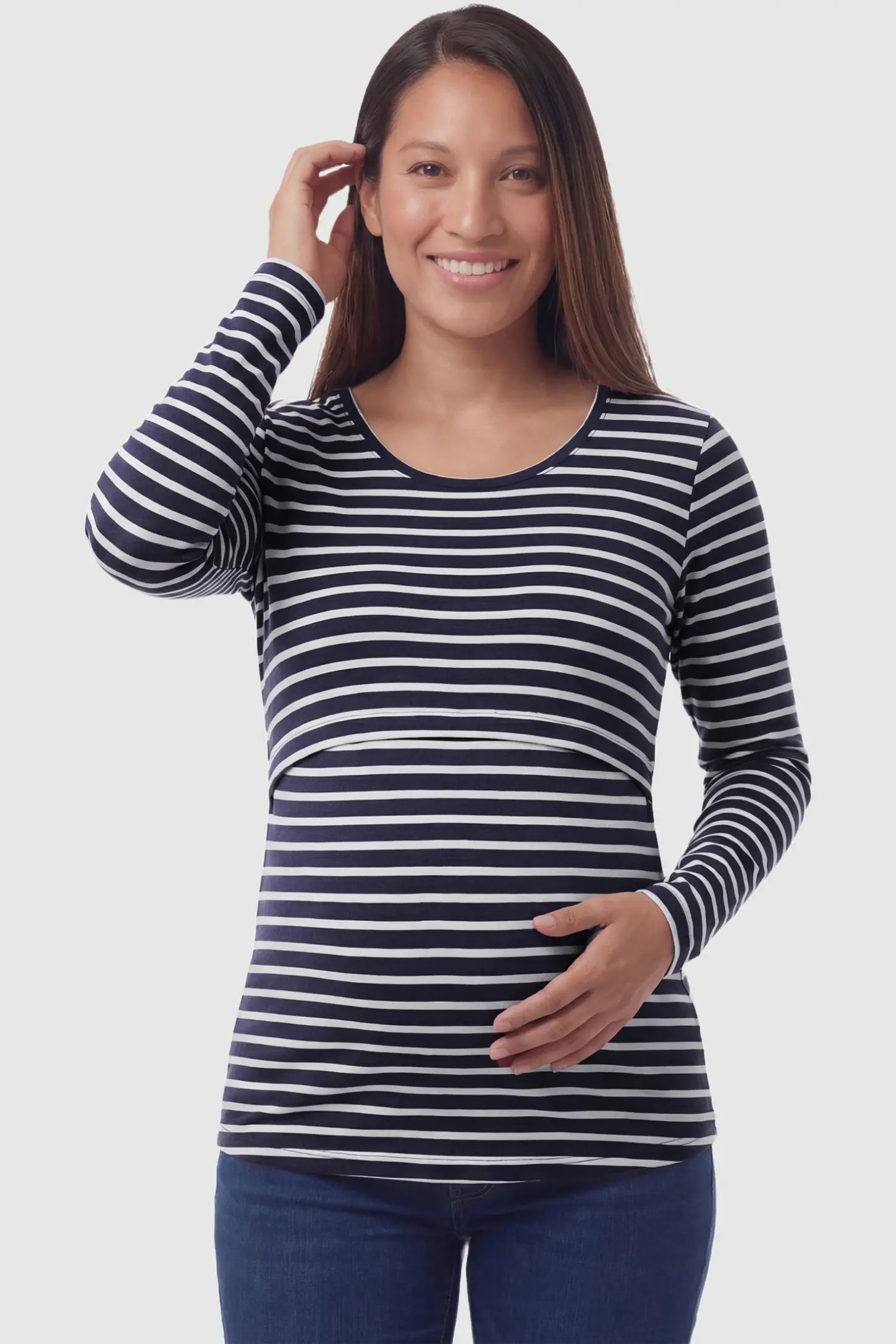 Pull-Up Nursing Opening Scoop Neck Maternity & Nursing Top Pull up nursing opening scoop neck maternity and nursing top in black and white stripes featuring striped print & long-sleeve shown in side view on a pregnant model