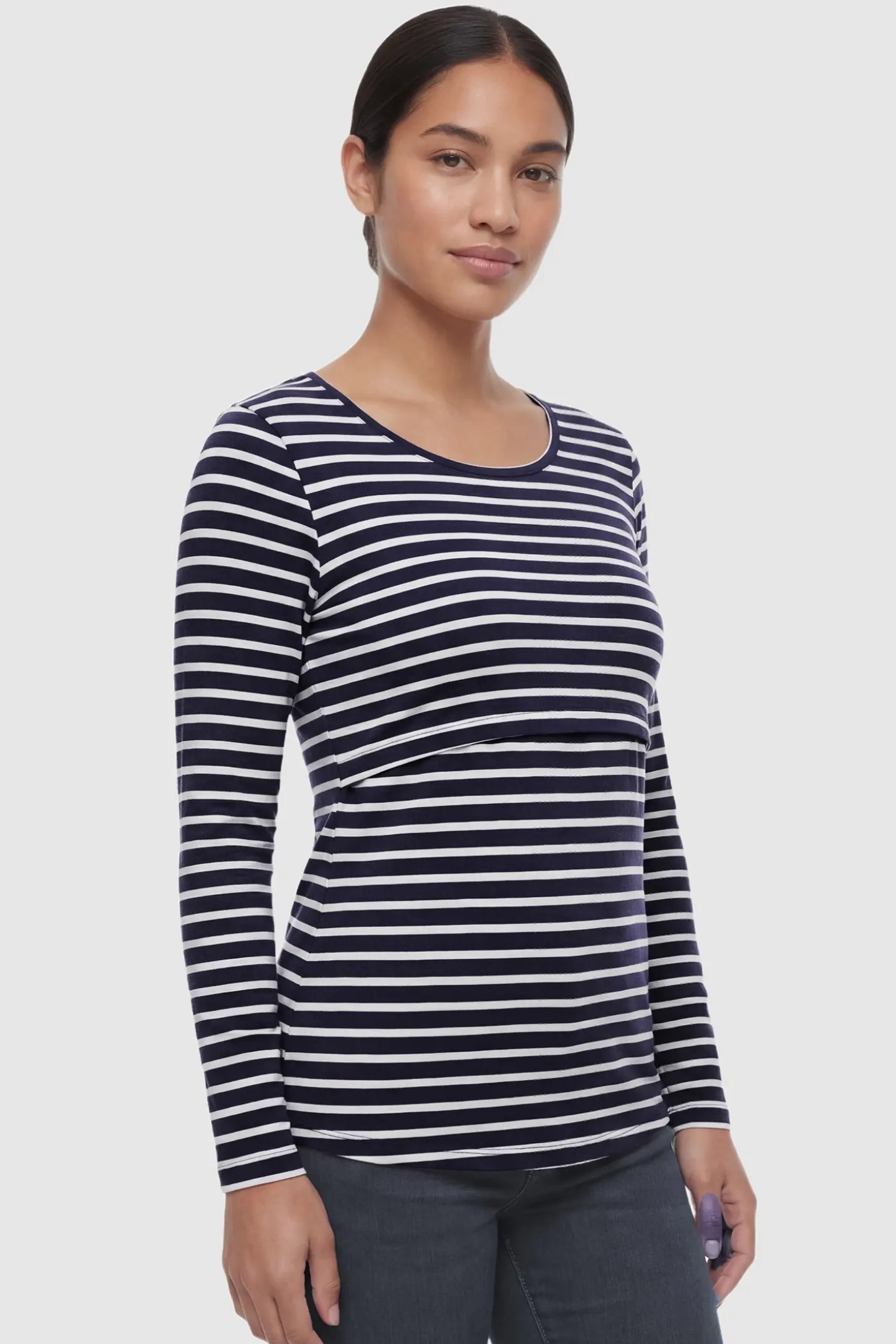 Pull-Up Nursing Opening Scoop Neck Maternity & Nursing Top Pull up nursing opening scoop neck maternity and nursing top in black and white stripes featuring striped print & long-sleeve shown in front view on a postpartum model