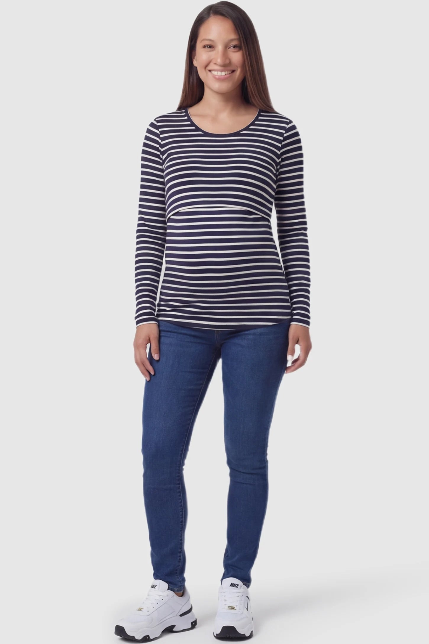 Pull-Up Nursing Opening Scoop Neck Maternity & Nursing Top Pull up nursing opening scoop neck maternity and nursing top in black and white stripes featuring striped print & long-sleeve shown in full body view on a pregnant model