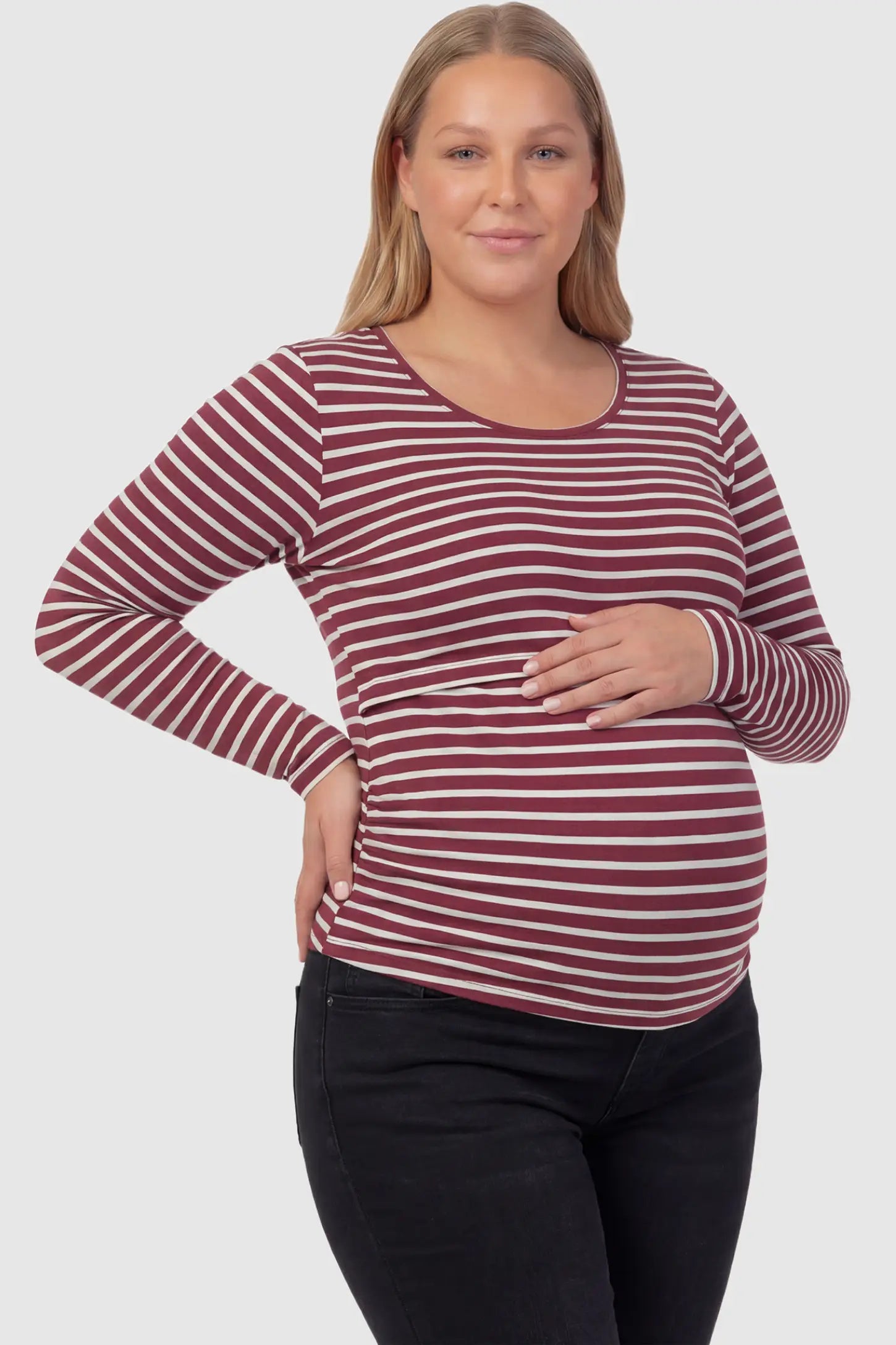 Pull-Up Nursing Opening Scoop Neck Maternity & Nursing Top Pull up nursing opening scoop neck maternity and nursing top in burgundy featuring striped print & long-sleeve shown in front view on a plus-size model