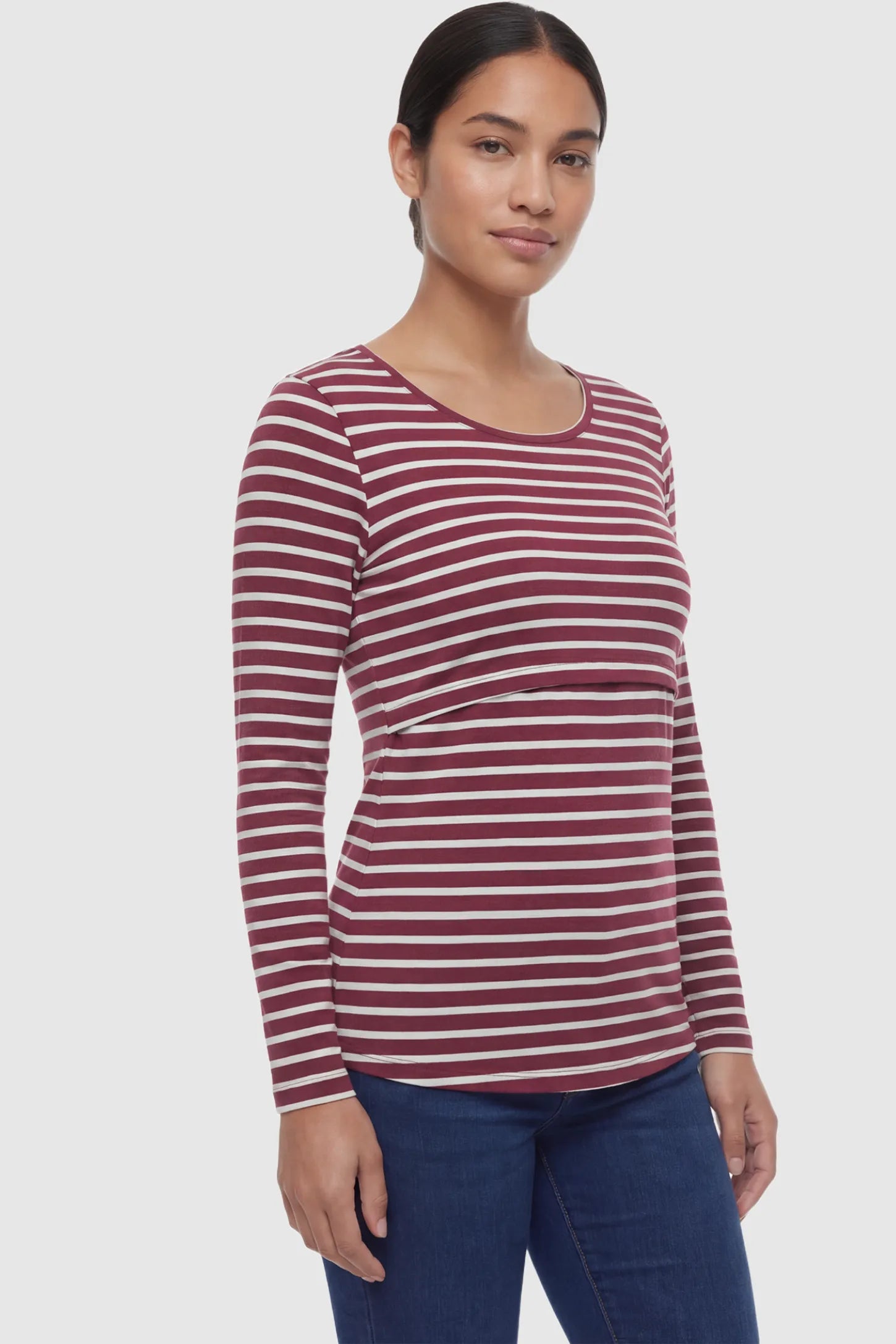 Pull-Up Nursing Opening Scoop Neck Maternity & Nursing Top Pull up nursing opening scoop neck maternity and nursing top in burgundy featuring striped print & long-sleeve shown in front view on a postpartum model