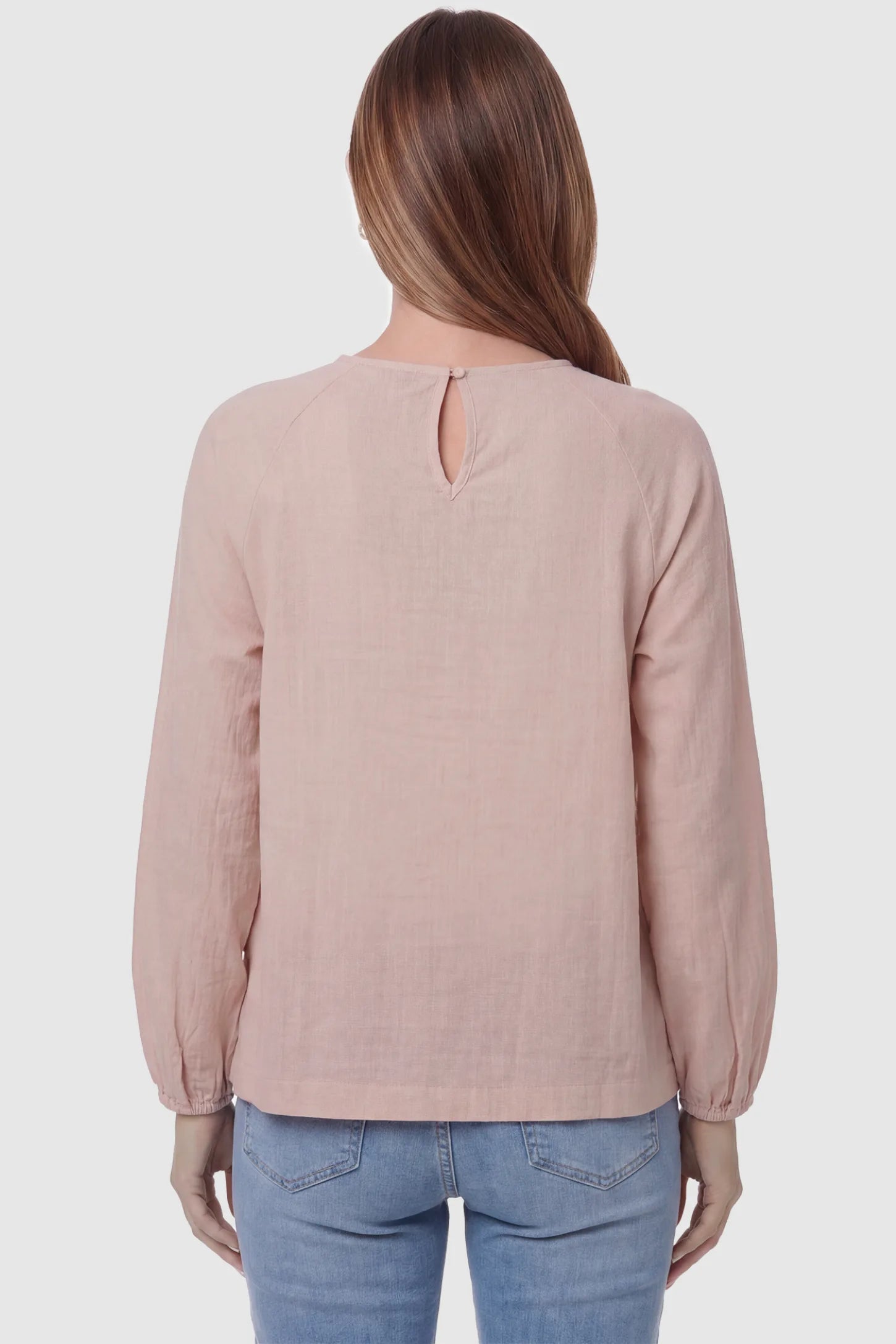 Long Sleeve Round Neck Maternity Blouse Long sleeve round neck maternity blouse in pink with elegant long sleeve, back view on pregnant model