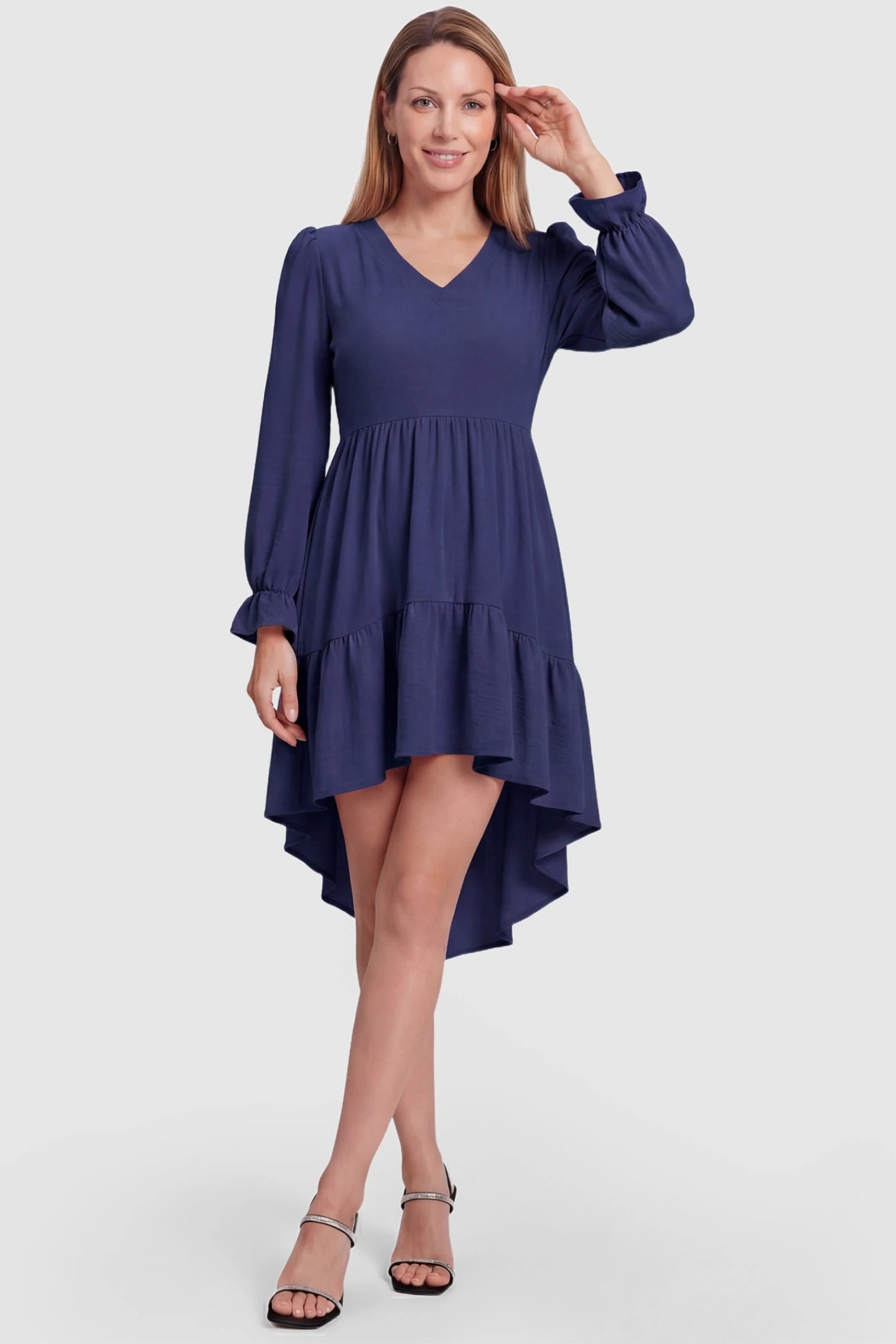 Fishtail Hem Tie-Back Maternity Mini Dress Fishtail Hem Tie-Back Maternity Mini Dress in Navy Blue in a postpartum silhouette on a non-pregnant model.