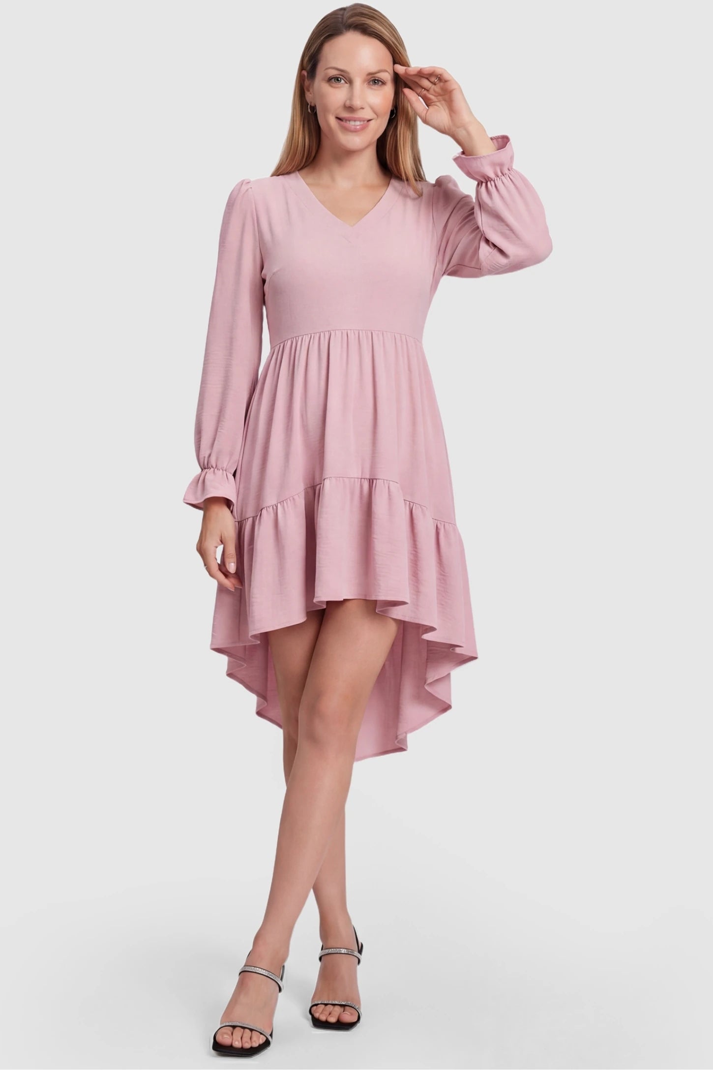 Fishtail Hem Tie-Back Maternity Mini Dress Fishtail Hem Tie-Back Maternity Mini Dress in Pink showing the timeless drape on a non-pregnant model.
