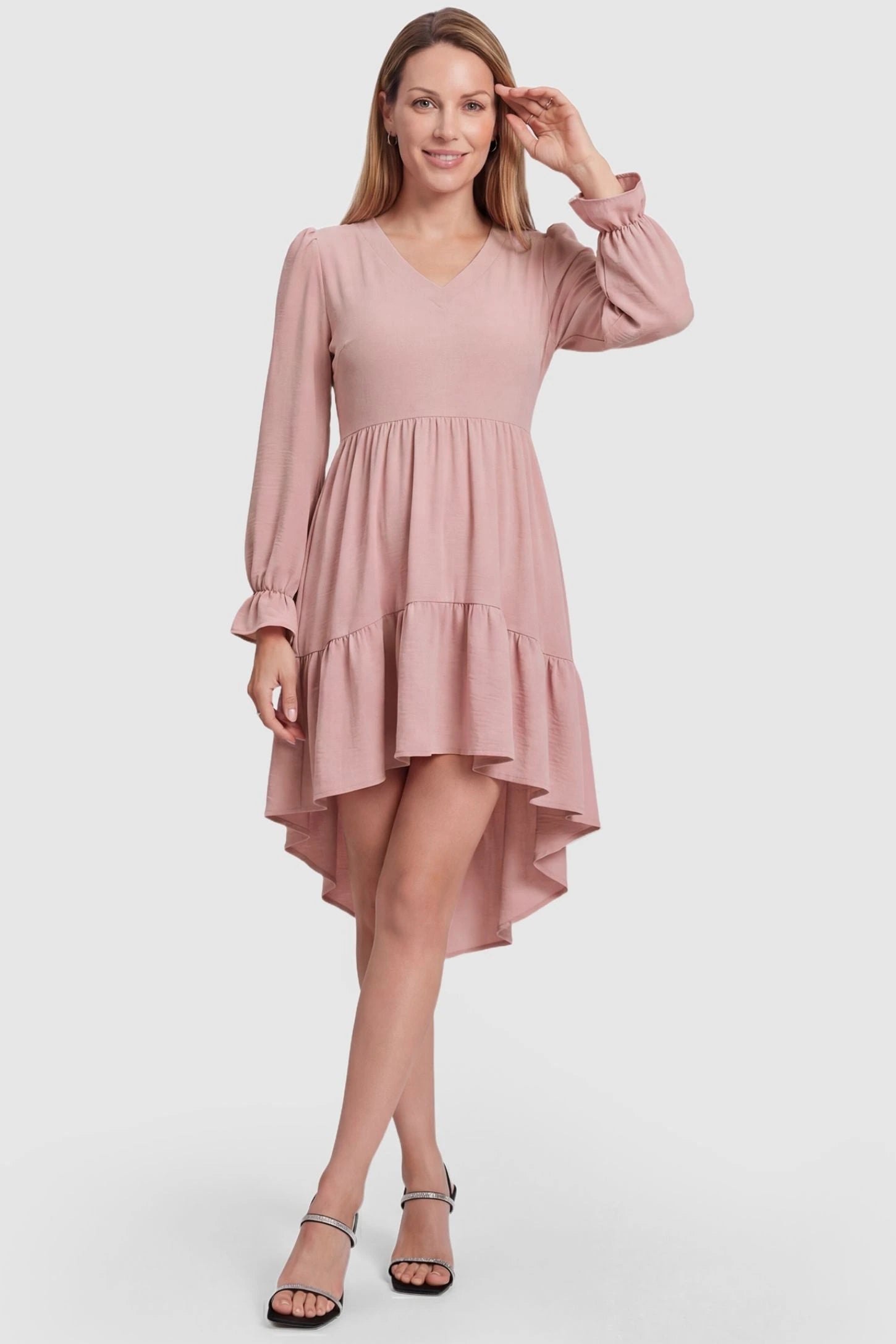Fishtail Hem Tie-Back Maternity Mini Dress Fishtail Hem Tie-Back Maternity Mini Dress in Pink showing the timeless drape on a non-pregnant model, front view.