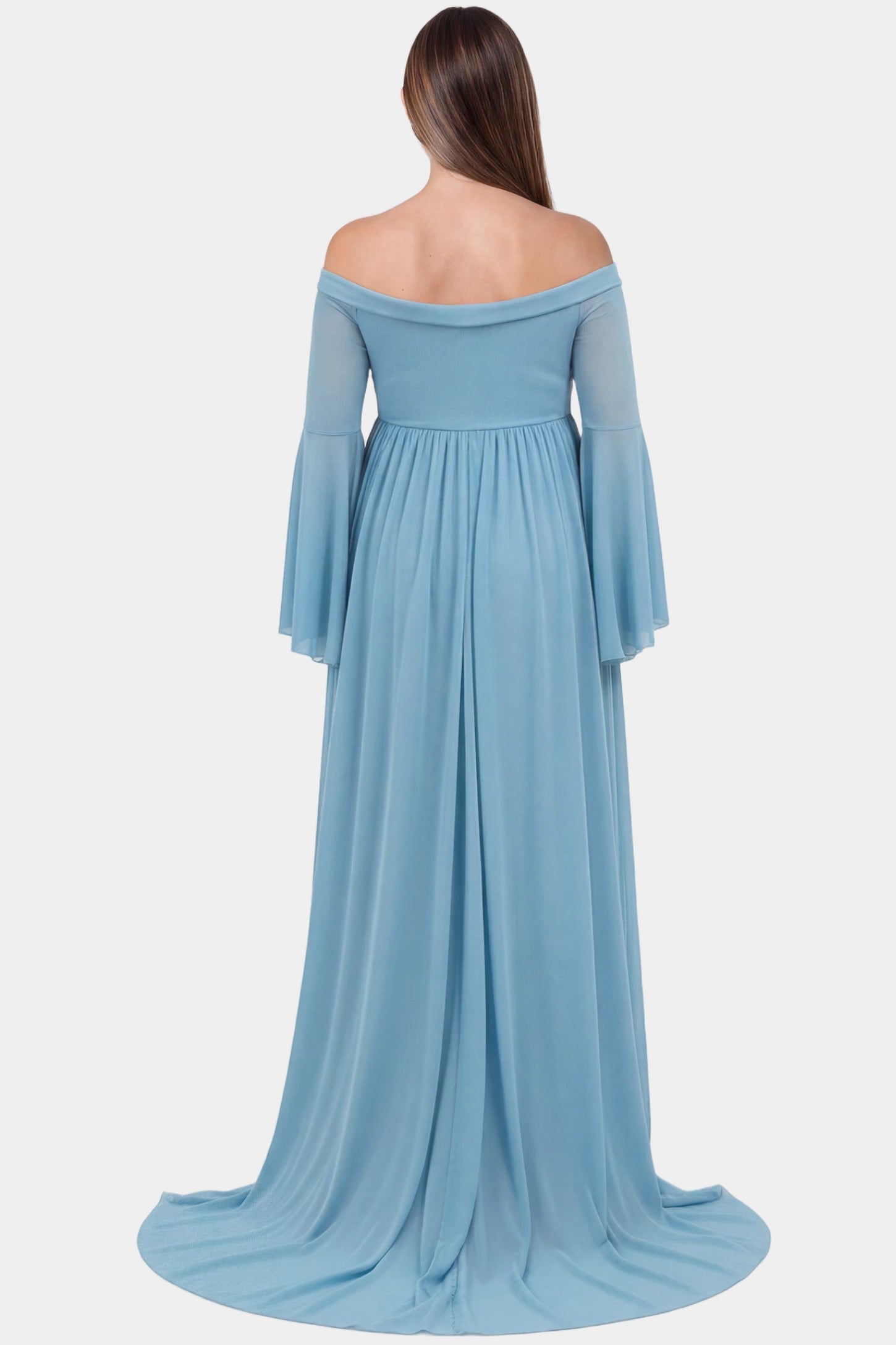 Off-the-Shoulder Long Train Maxi Maternity Dress Off-the-shoulder long train maxi maternity dress in light blue featuring flowing chiffon silhouette in full body back view on a pregnant model