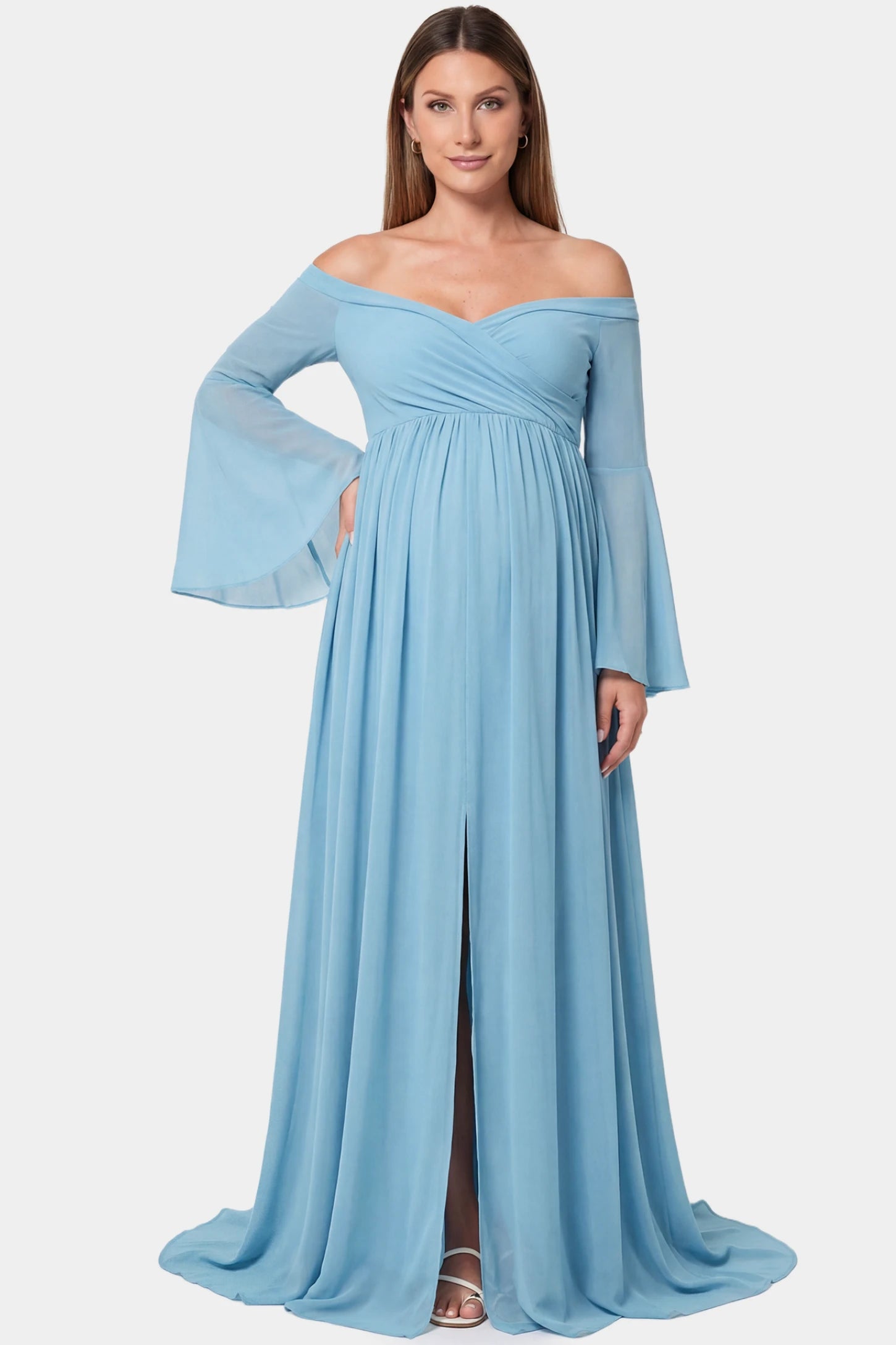 Off-the-Shoulder Long Train Maxi Maternity Dress Off-the-shoulder long train maxi maternity dress in light blue featuring flowing chiffon silhouette in full body front view on a pregnant model
