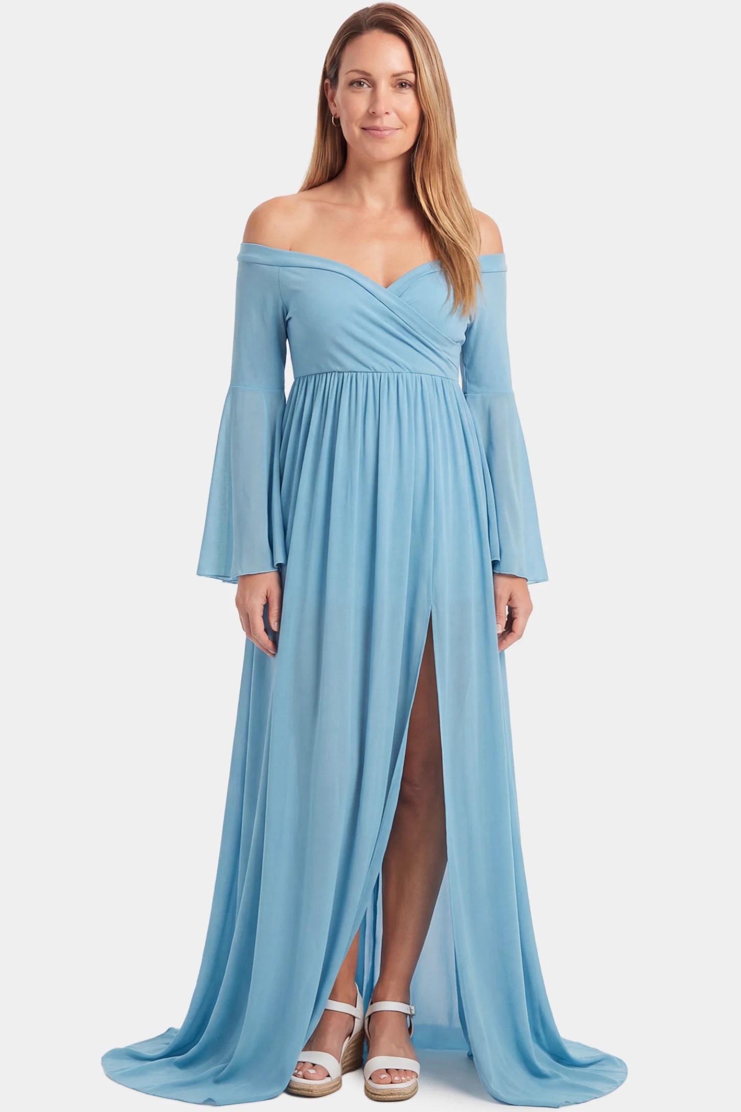 Off-the-Shoulder Long Train Maxi Maternity Dress Off-the-shoulder long train maxi maternity dress in light blue featuring flowing chiffon silhouette in full body front view on a postpartum model