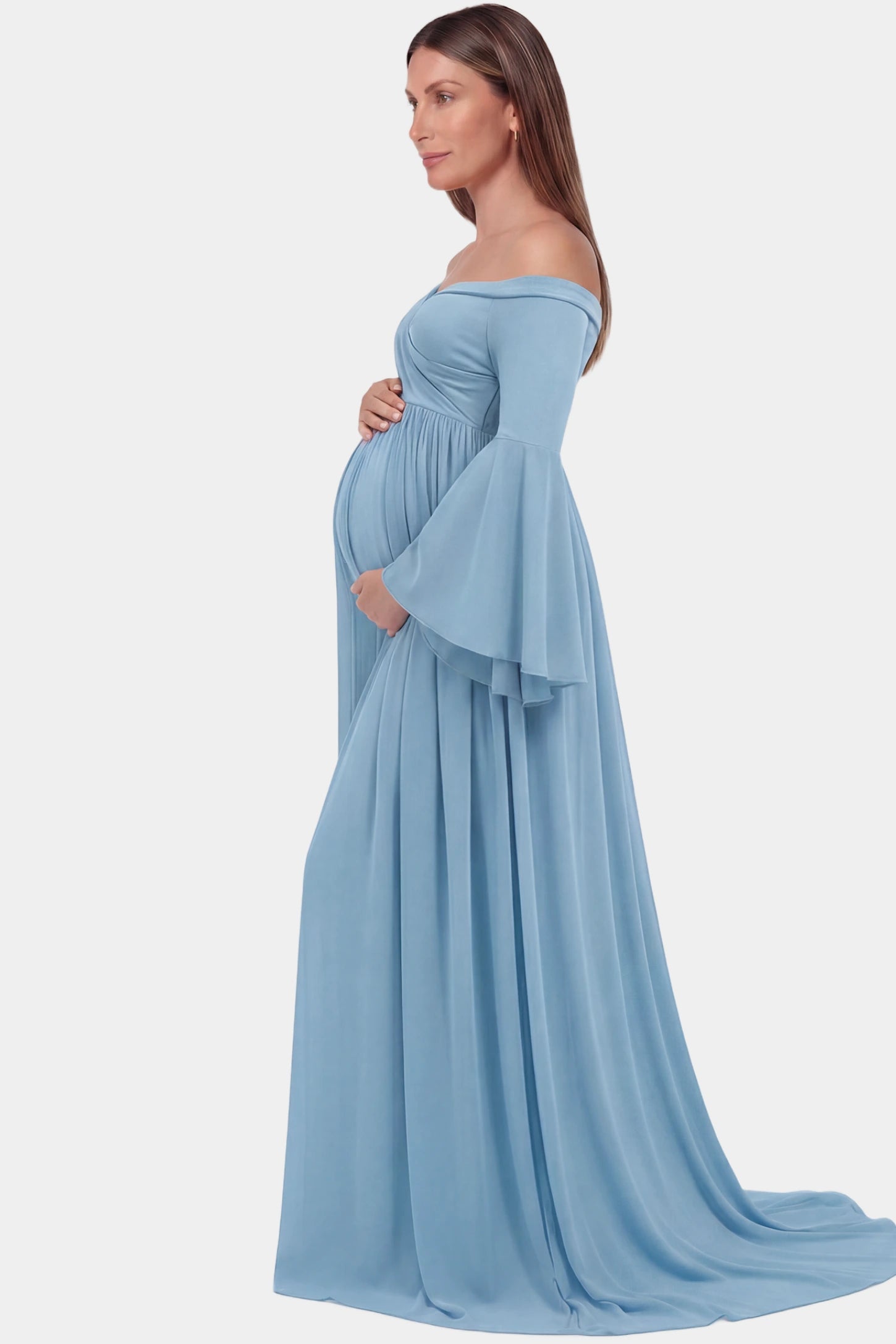 Off-the-Shoulder Long Train Maxi Maternity Dress Off-the-shoulder long train maxi maternity dress in light blue featuring flowing chiffon silhouette in full body side view on a pregnant model
