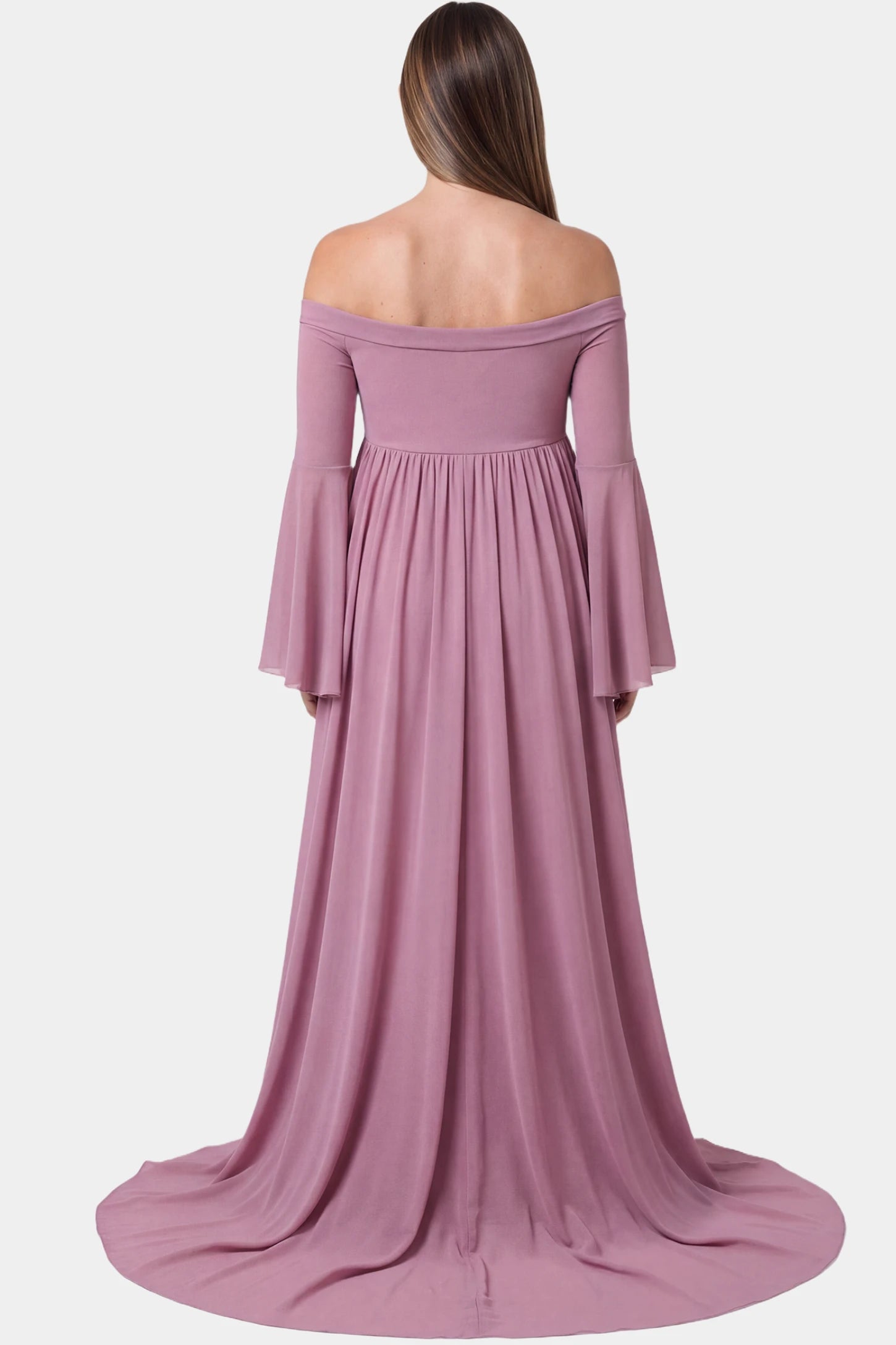 Off-the-Shoulder Long Train Maxi Maternity Dress Off-the-shoulder long train maxi maternity dress in lime pink featuring flowing chiffon silhouette in full body back view on a pregnant model