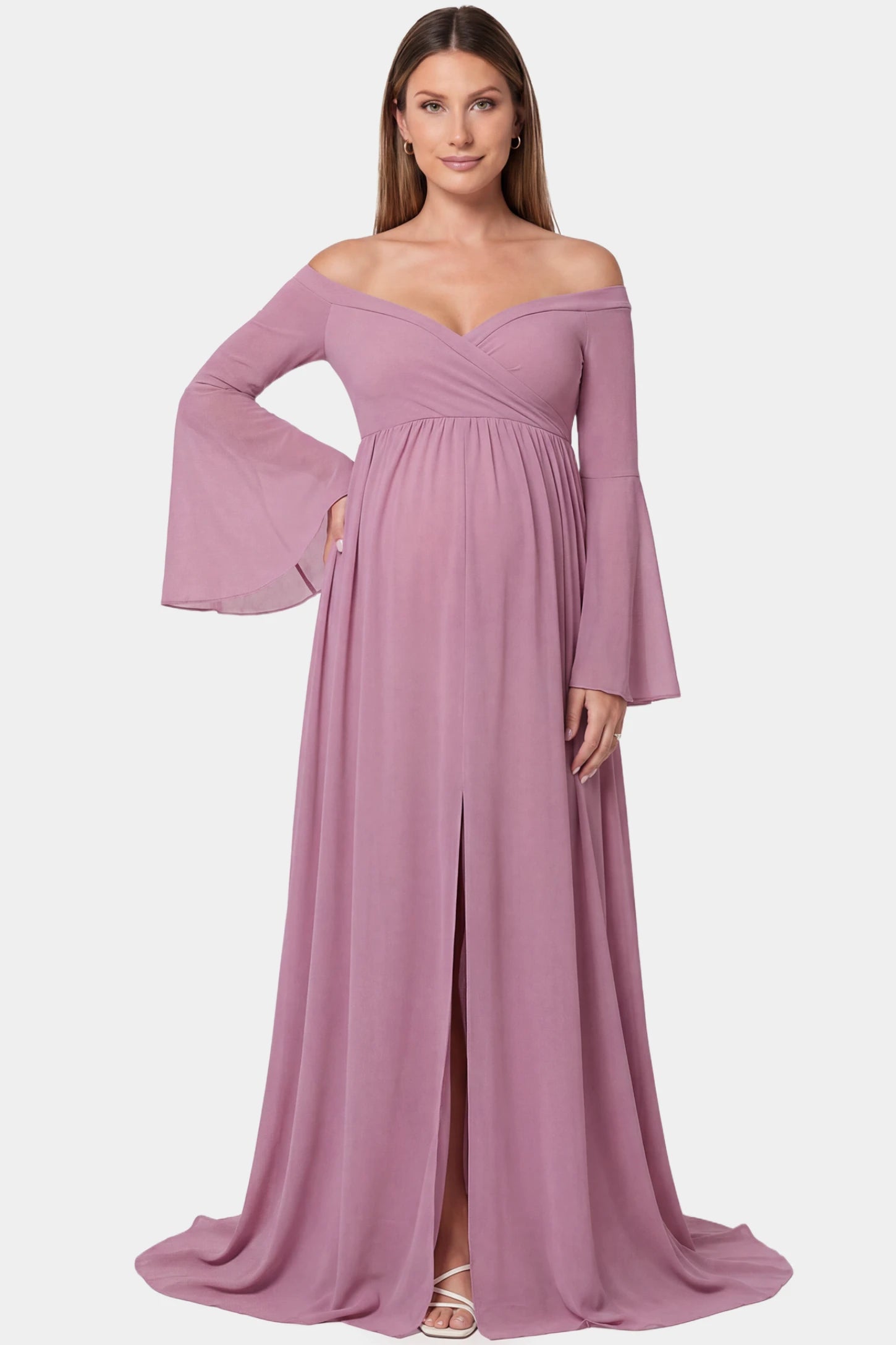 Off-the-Shoulder Long Train Maxi Maternity Dress Off-the-shoulder long train maxi maternity dress in lime pink featuring flowing chiffon silhouette in full body front view on a pregnant model