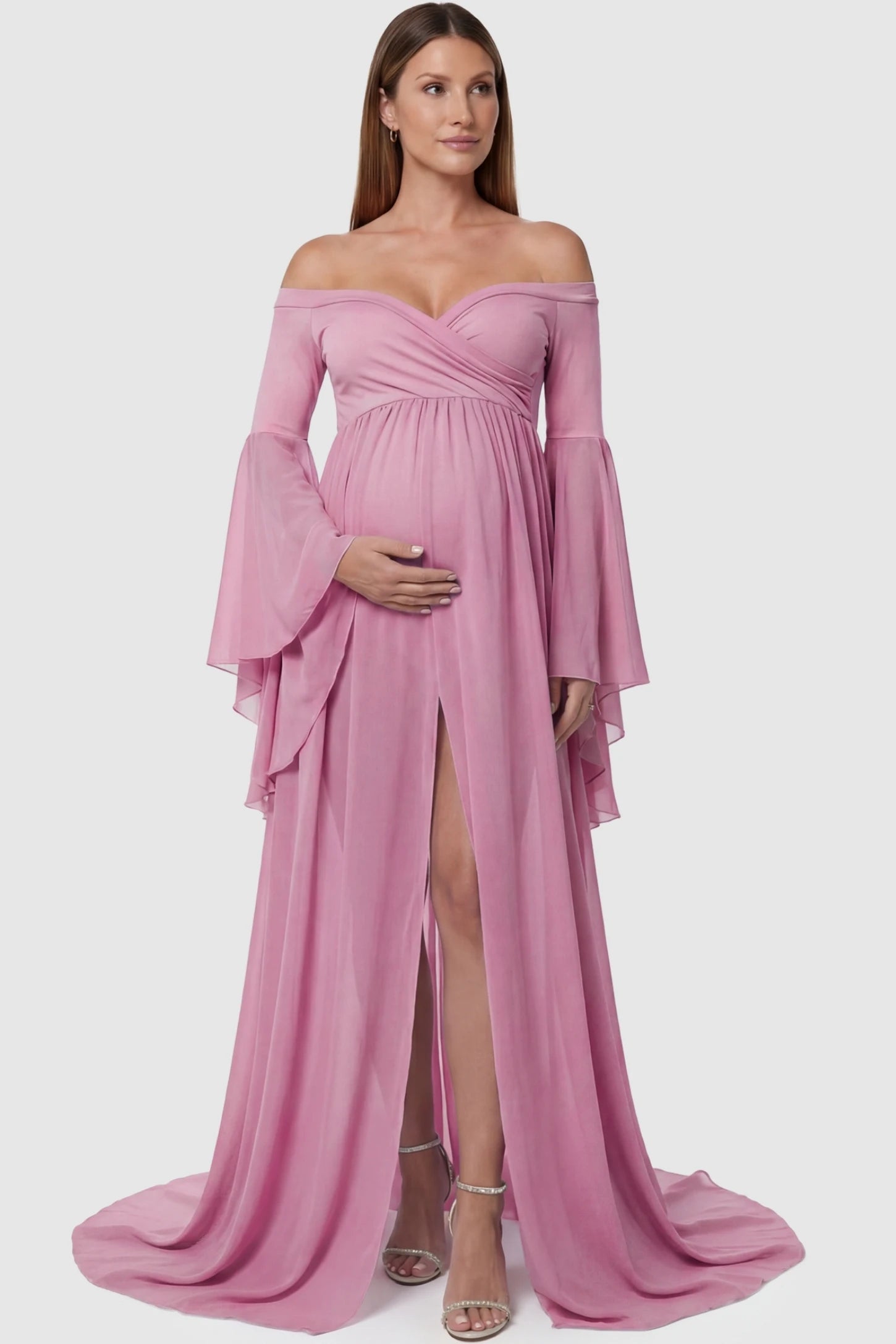 Off-the-Shoulder Long Train Maxi Maternity Dress Off-the-shoulder long train maxi maternity dress in lime pink featuring a high front-slit in full body front view on a pregnant model