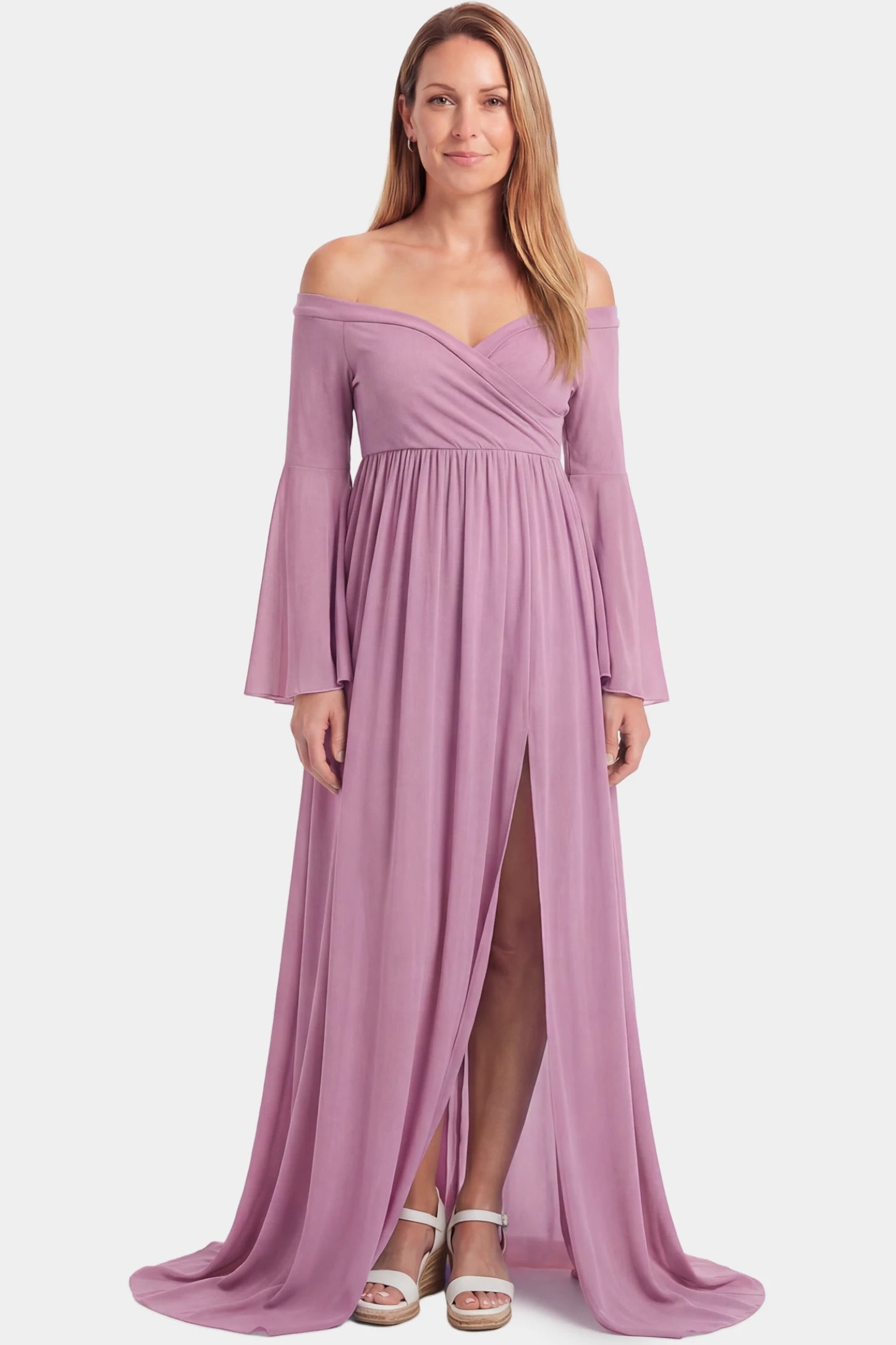 Off-the-Shoulder Long Train Maxi Maternity Dress Off-the-shoulder long train maxi maternity dress in lime pink featuring flowing chiffon silhouette in full body front view on a postpartum model