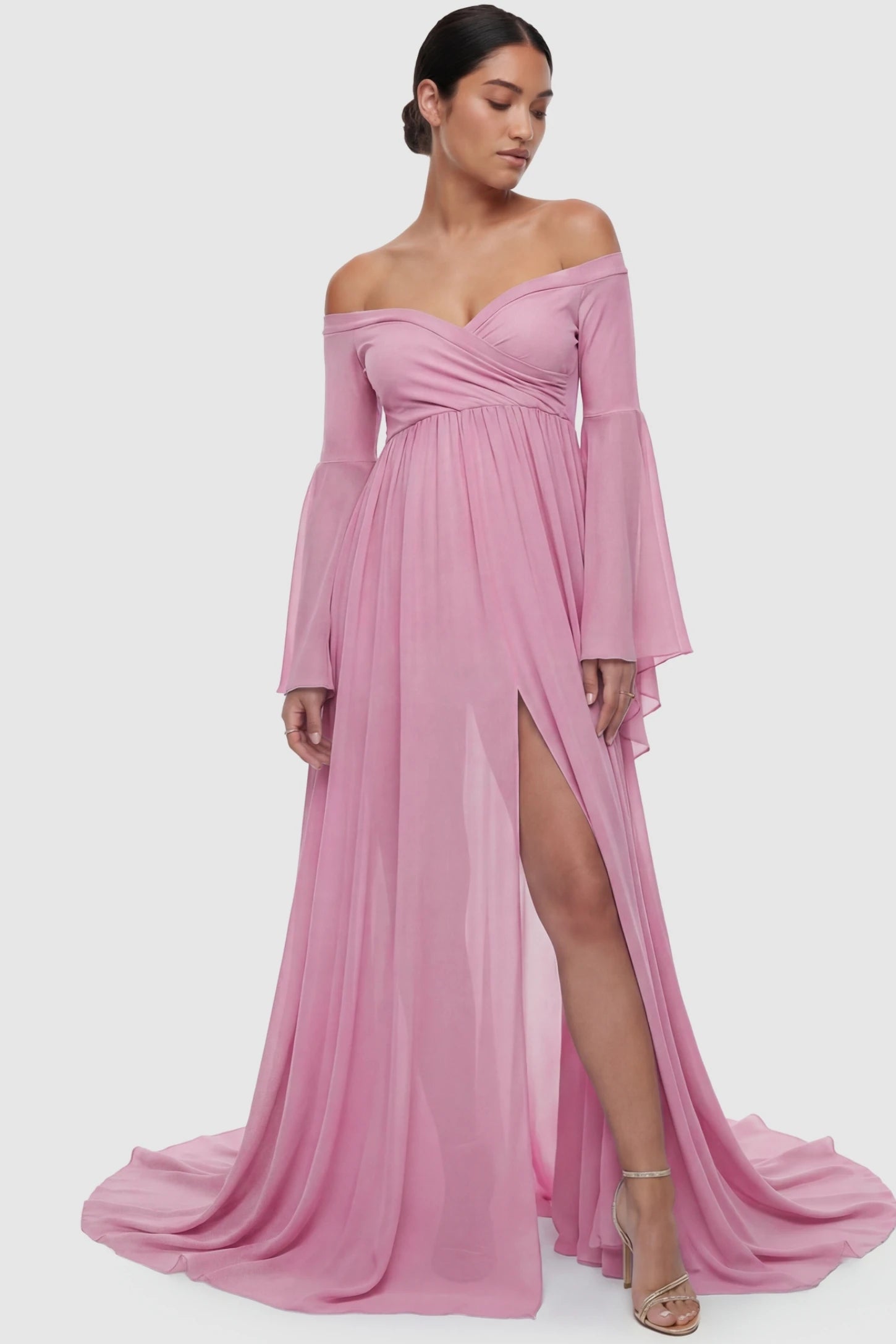 Off-the-Shoulder Long Train Maxi Maternity Dress Off-the-shoulder long train maxi maternity dress in lime pink featuring off-shoulder & front-slit in full body front view on a postpartum model