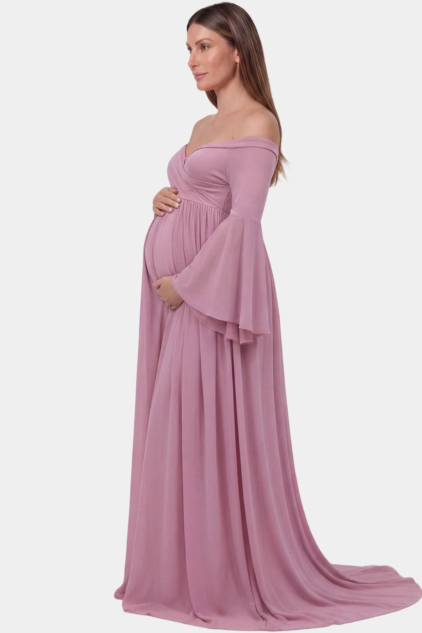 Off-the-Shoulder Long Train Maxi Maternity Dress Off-the-shoulder long train maxi maternity dress in lime pink featuring flowing chiffon silhouette in full body side view on a pregnant model