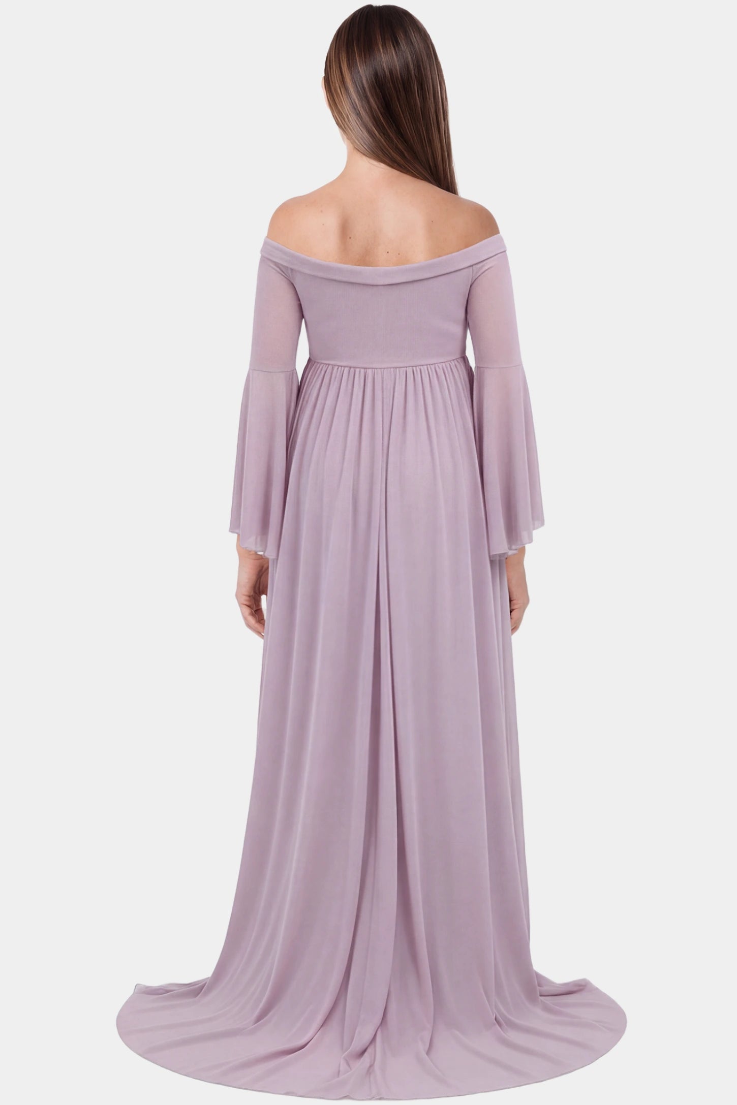 Off-the-Shoulder Long Train Maxi Maternity Dress Off-the-shoulder long train maxi maternity dress in pink featuring flowing chiffon silhouette in full body back view on a pregnant model