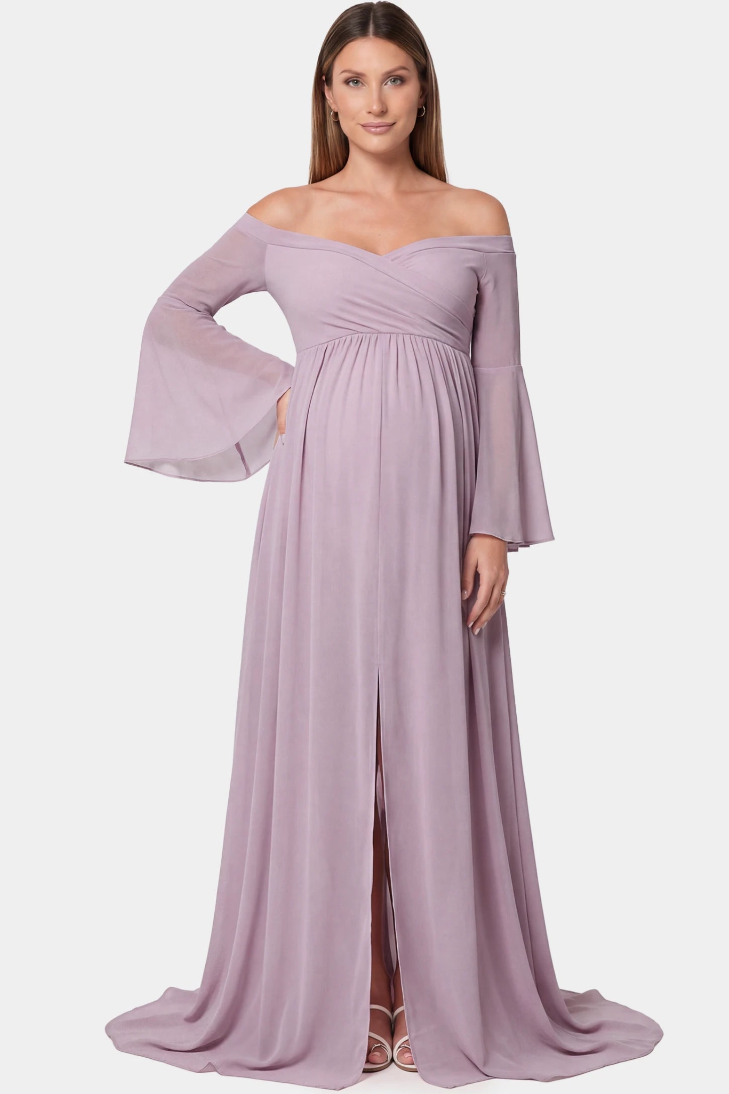 Off-the-Shoulder Long Train Maxi Maternity Dress Off-the-shoulder long train maxi maternity dress in pink featuring flowing chiffon silhouette in full body front view on a pregnant model