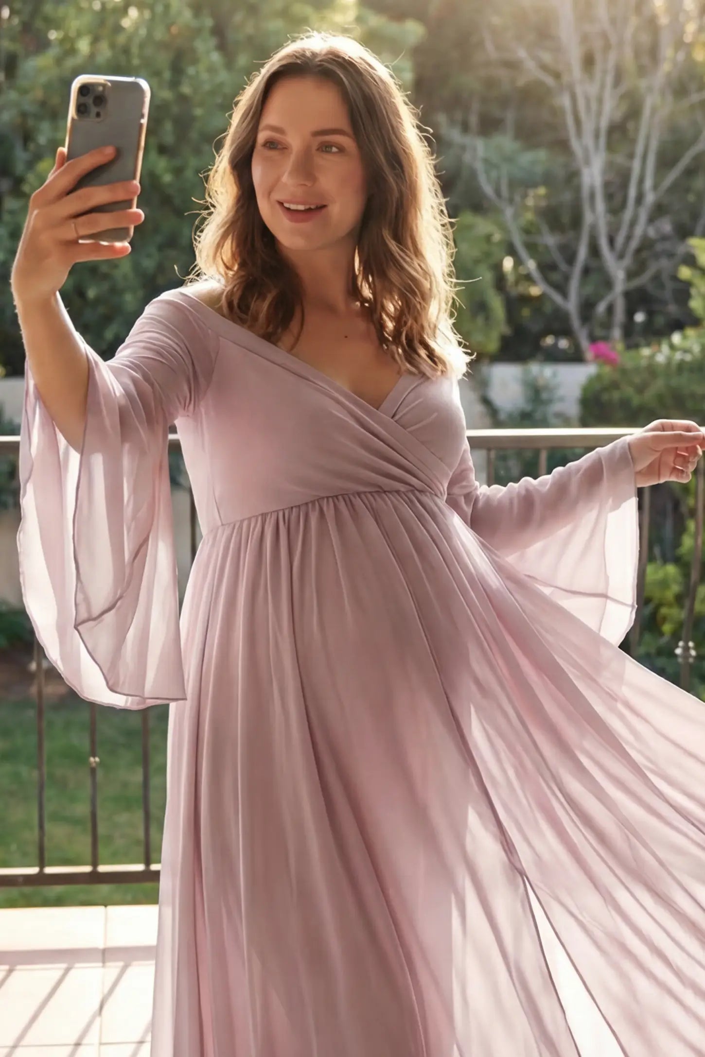 Off-the-Shoulder Long Train Maxi Maternity Dress Off-the-shoulder long train maxi maternity dress in pink featuring bell sleeves in front view on a UGC model