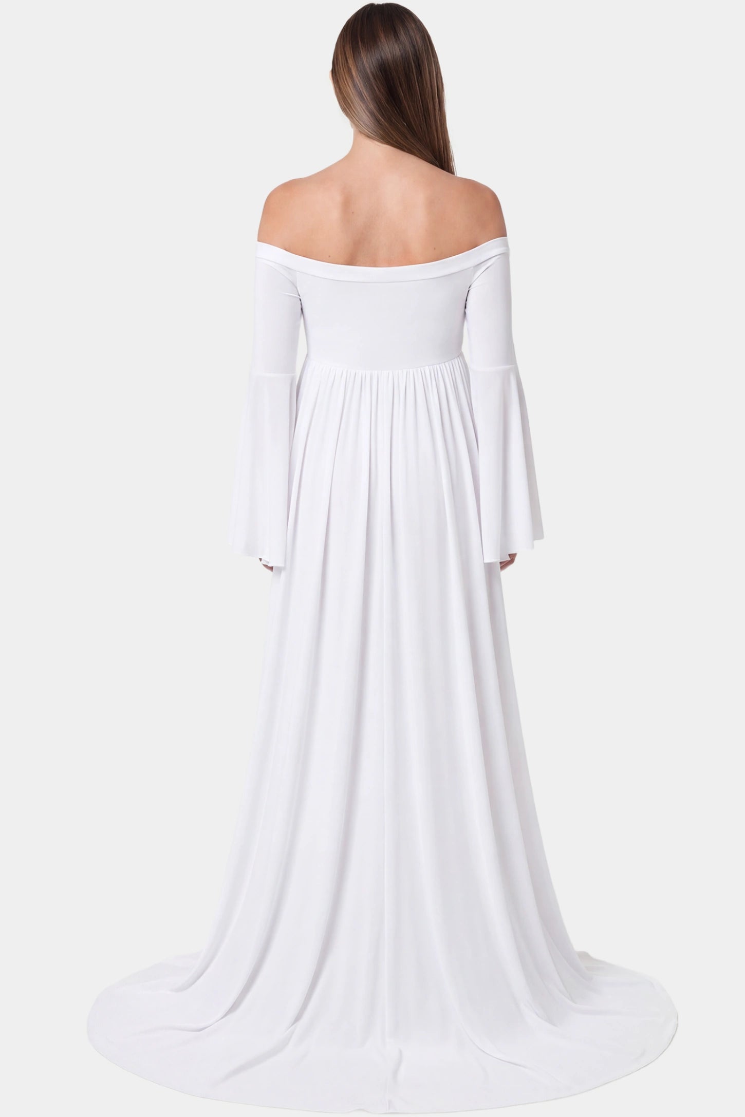 Off-the-Shoulder Long Train Maxi Maternity Dress Off-the-shoulder long train maxi maternity dress in white featuring flowing chiffon silhouette in full body back view on a pregnant model